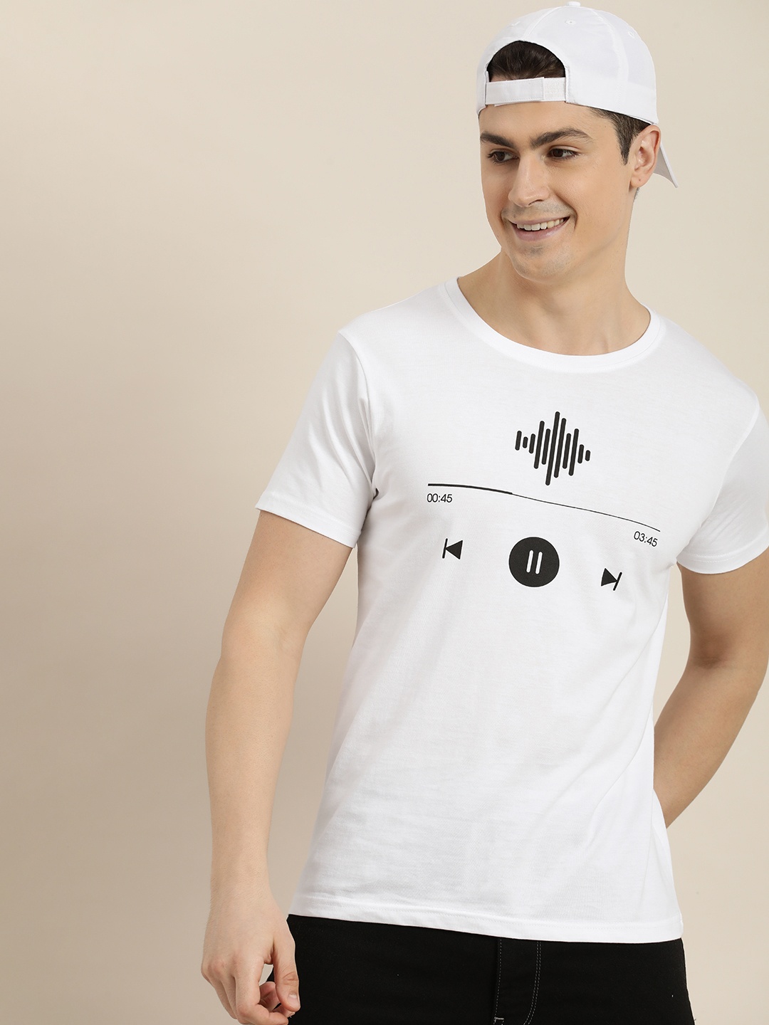 

HERE&NOW Men Pure Cotton Round Neck Graphic Printed T-shirt, White