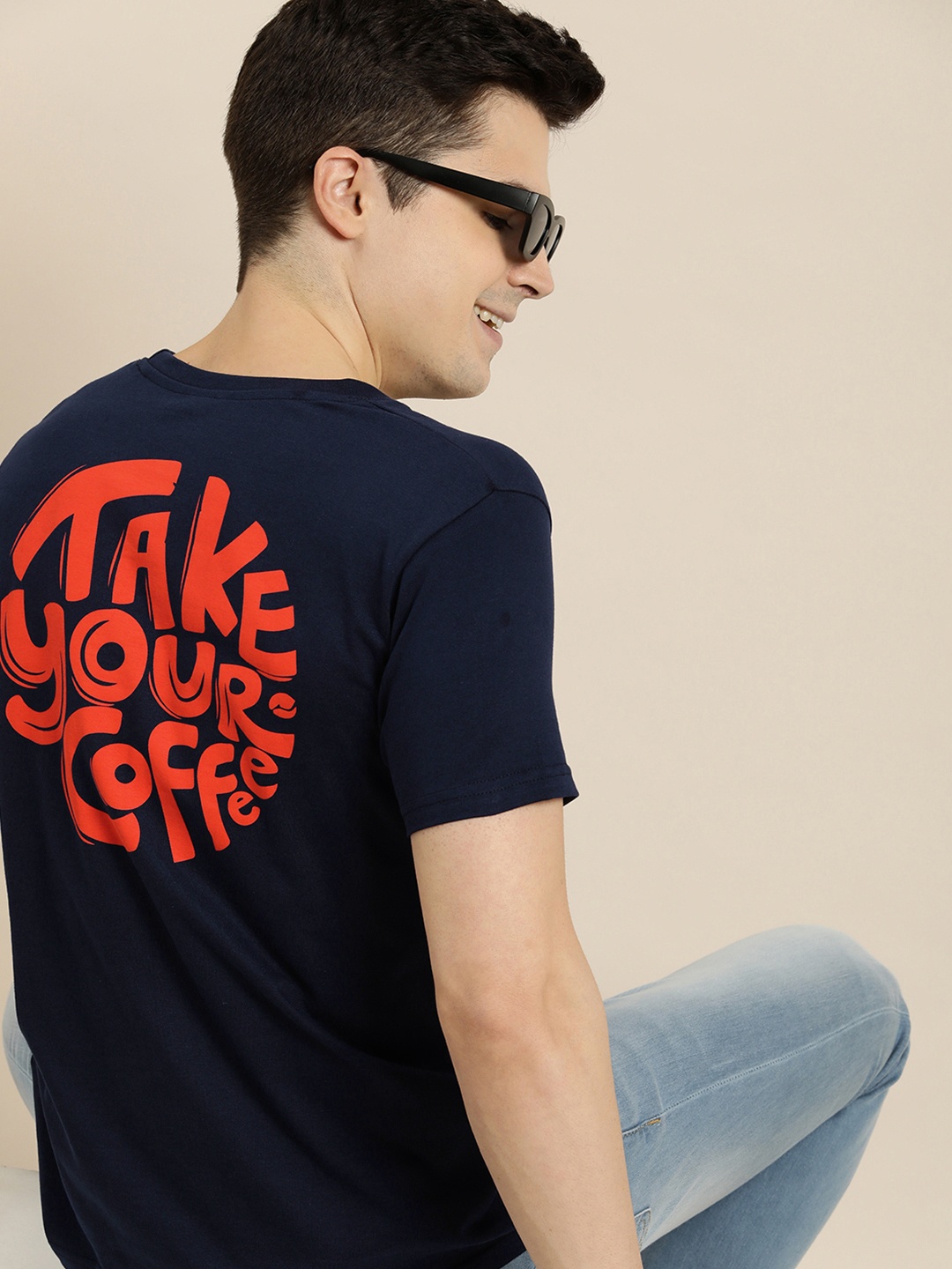 

HERE&NOW Men Pure Cotton Typography Printed T-shirt, Navy blue
