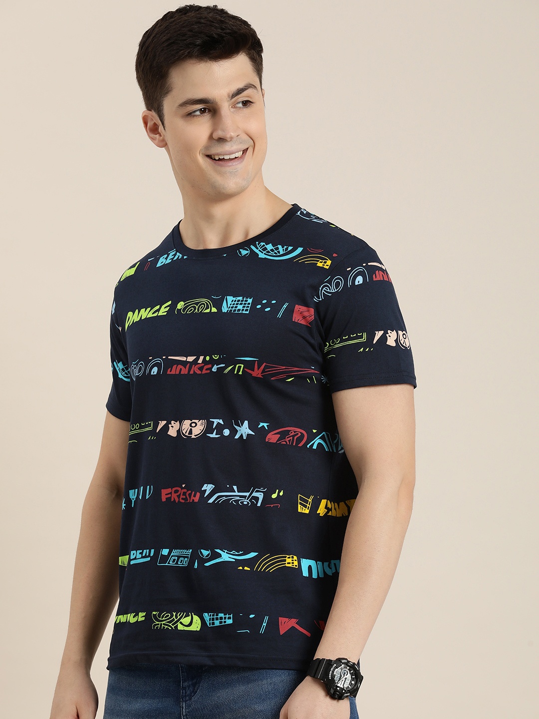 

HERE&NOW Printed Pure Cotton T-shirt, Navy blue