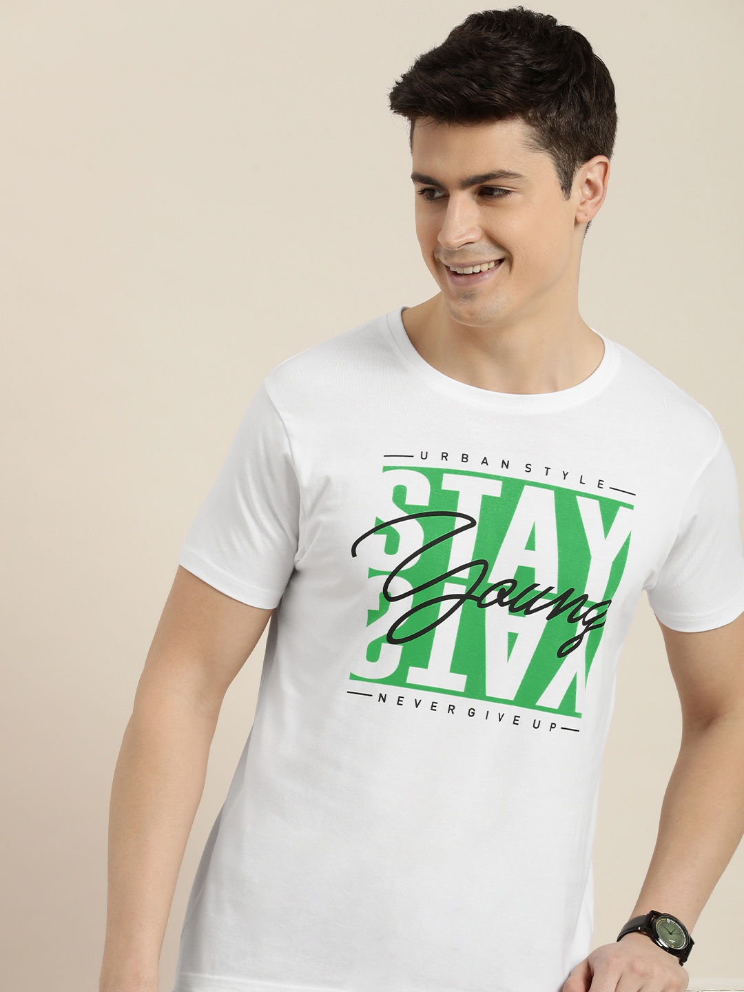 

HERE&NOW Men Pure Cotton Round Neck Typography Printed T-shirt, White
