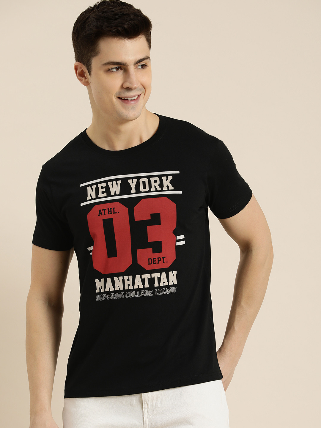 

HERE&NOW Men Pure Cotton Typography & Varsity Printed T-shirt, Black