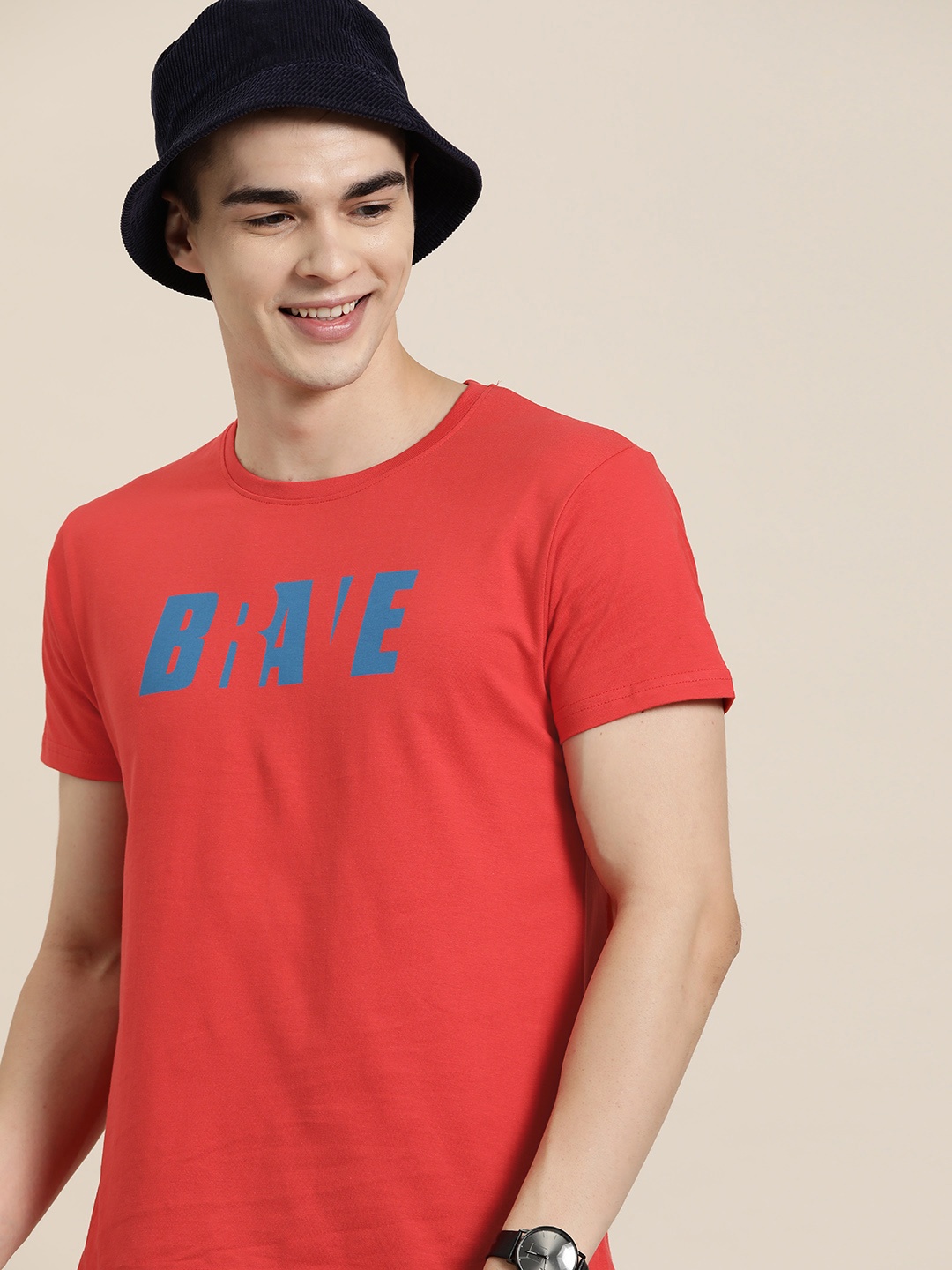 

HERE&NOW Men Typography Striped Pure Cotton T-shirt, Red