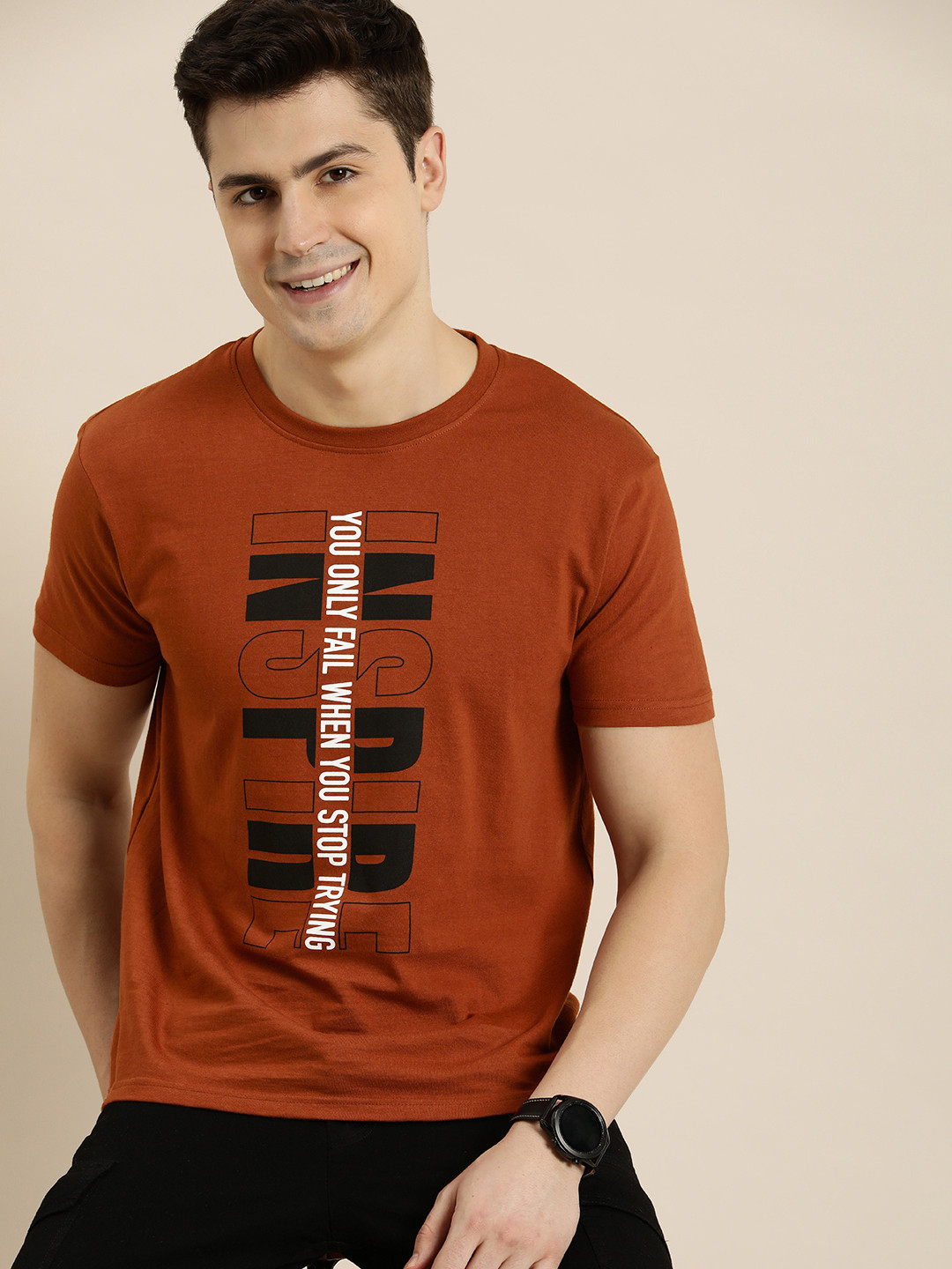 

HERE&NOW Typography Printed Pure Cotton T-shirt, Brown