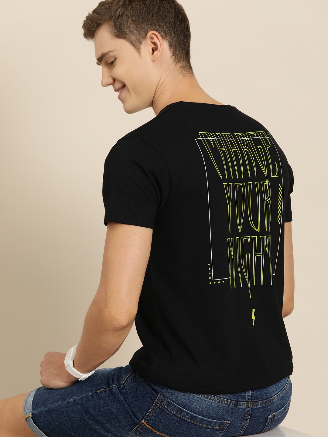 

HERE&NOW Men Typography Printed Pure Cotton T-shirt, Black