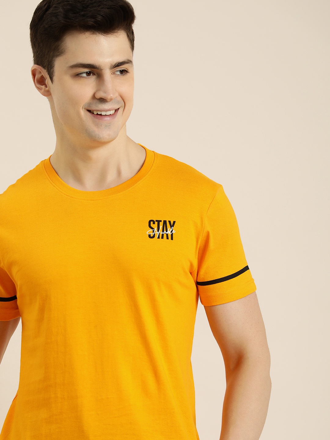 

HERE&NOW Men Pure Cotton Round Neck Casual T-shirt, Yellow