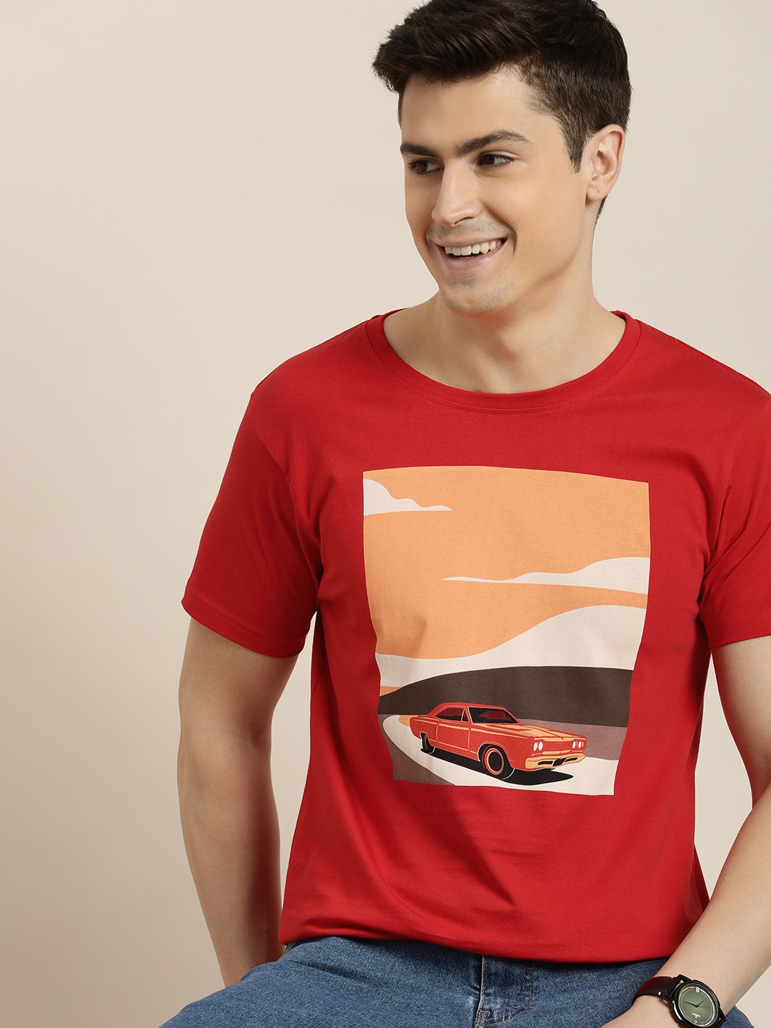 

HERE&NOW Graphic Printed Pure Cotton T-shirt, Red