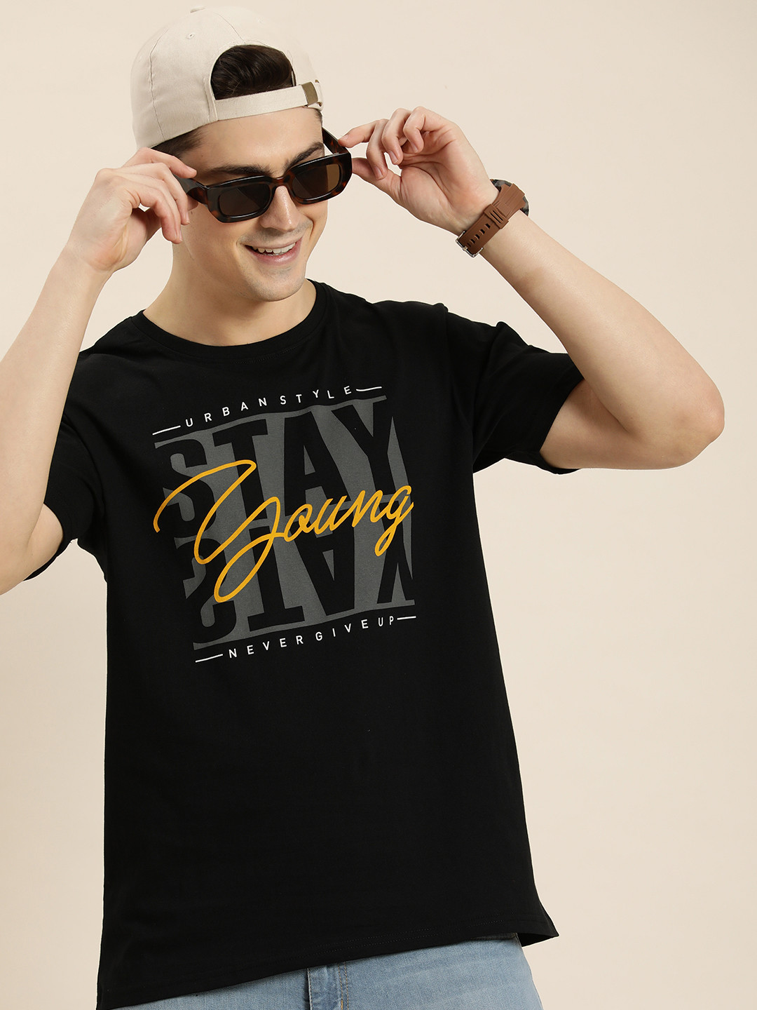 

HERE&NOW Men Typography Printed Pure Cotton T-shirt, Black