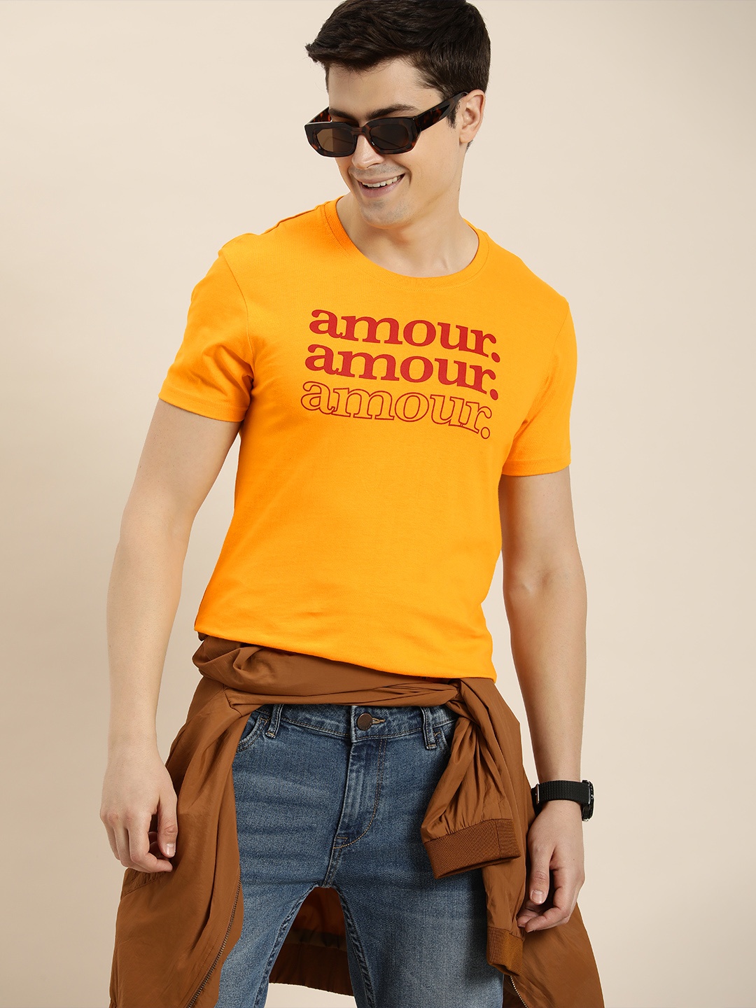 

HERE&NOW Pure Cotton Typography Printed T-shirt, Yellow