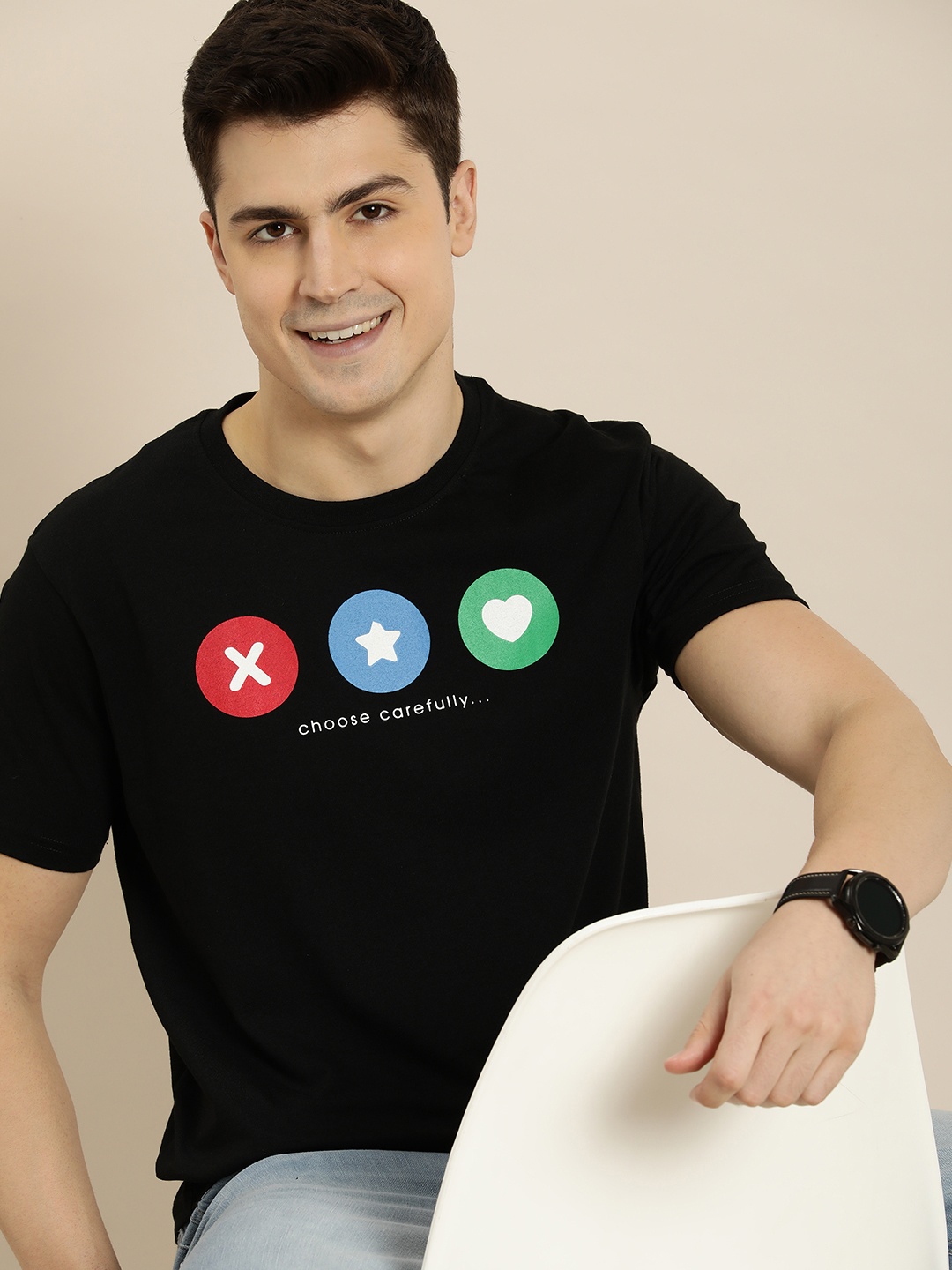 

HERE&NOW Men Geometric Printed Round Neck Casual T-shirt, Black