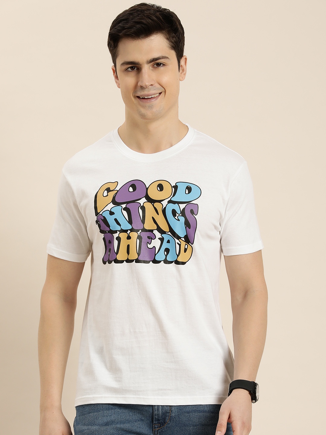 

HERE&NOW Pure Cotton Typography Printed T-shirt, White