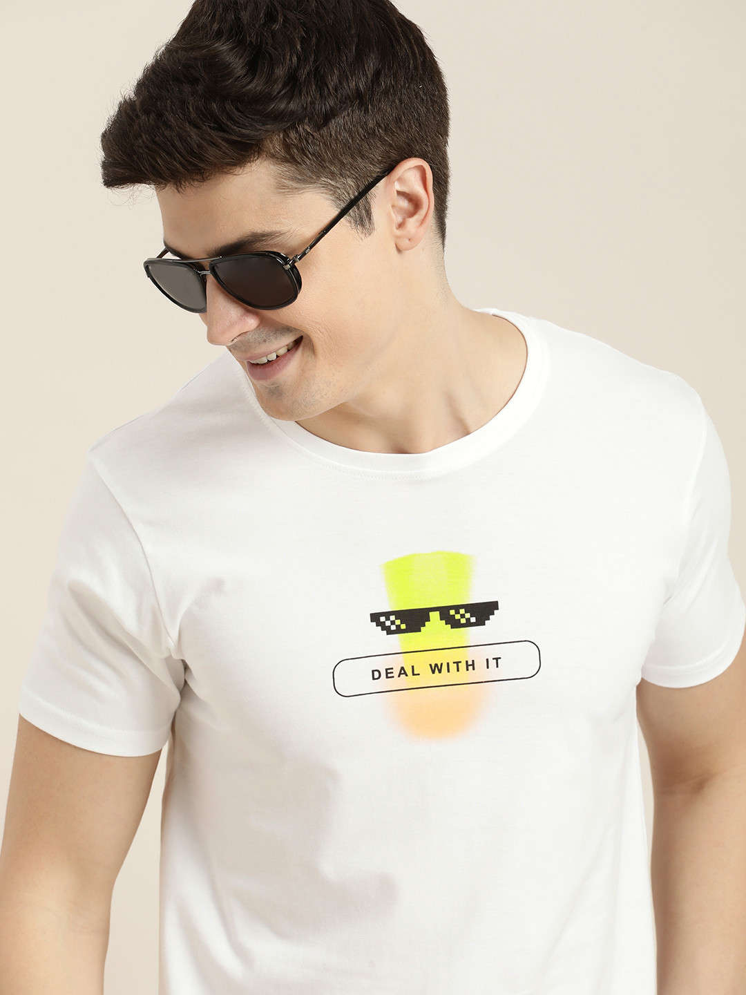 

HERE&NOW Men Pure Cotton Round Neck Graphic Printed T-shirt, White