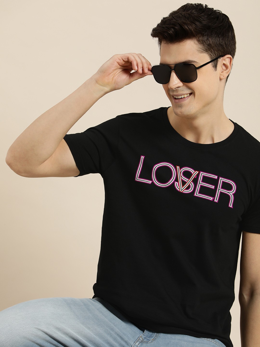 

HERE&NOW Men Pure Cotton Typography Printed T-shirt, Black