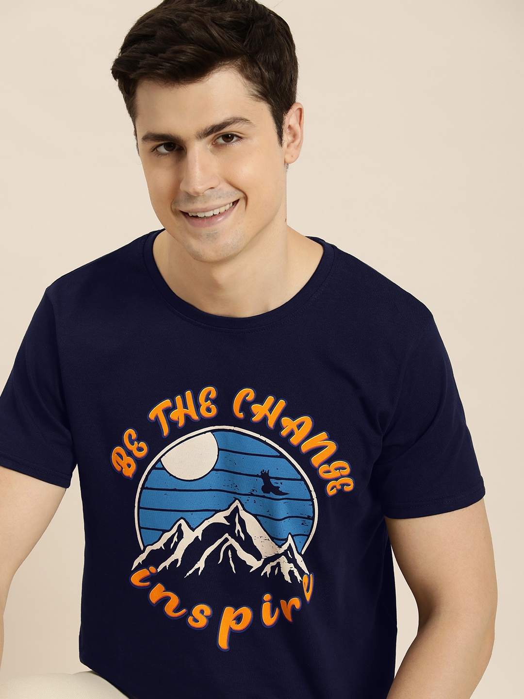 

HERE&NOW Men Printed Pure Cotton T-shirt, Navy blue