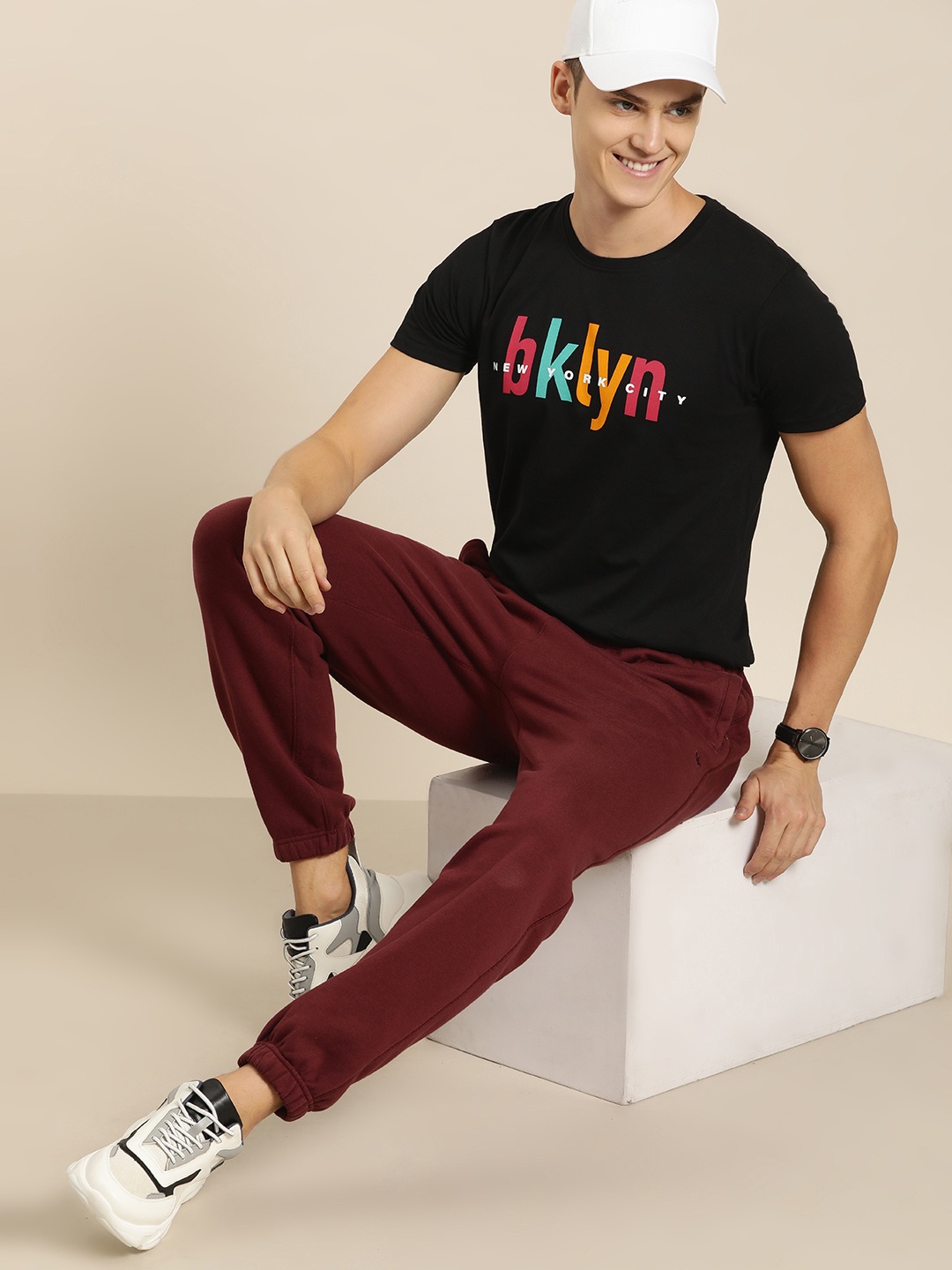 

HERE&NOW Men Typography Printed Pure Cotton T-shirt, Black