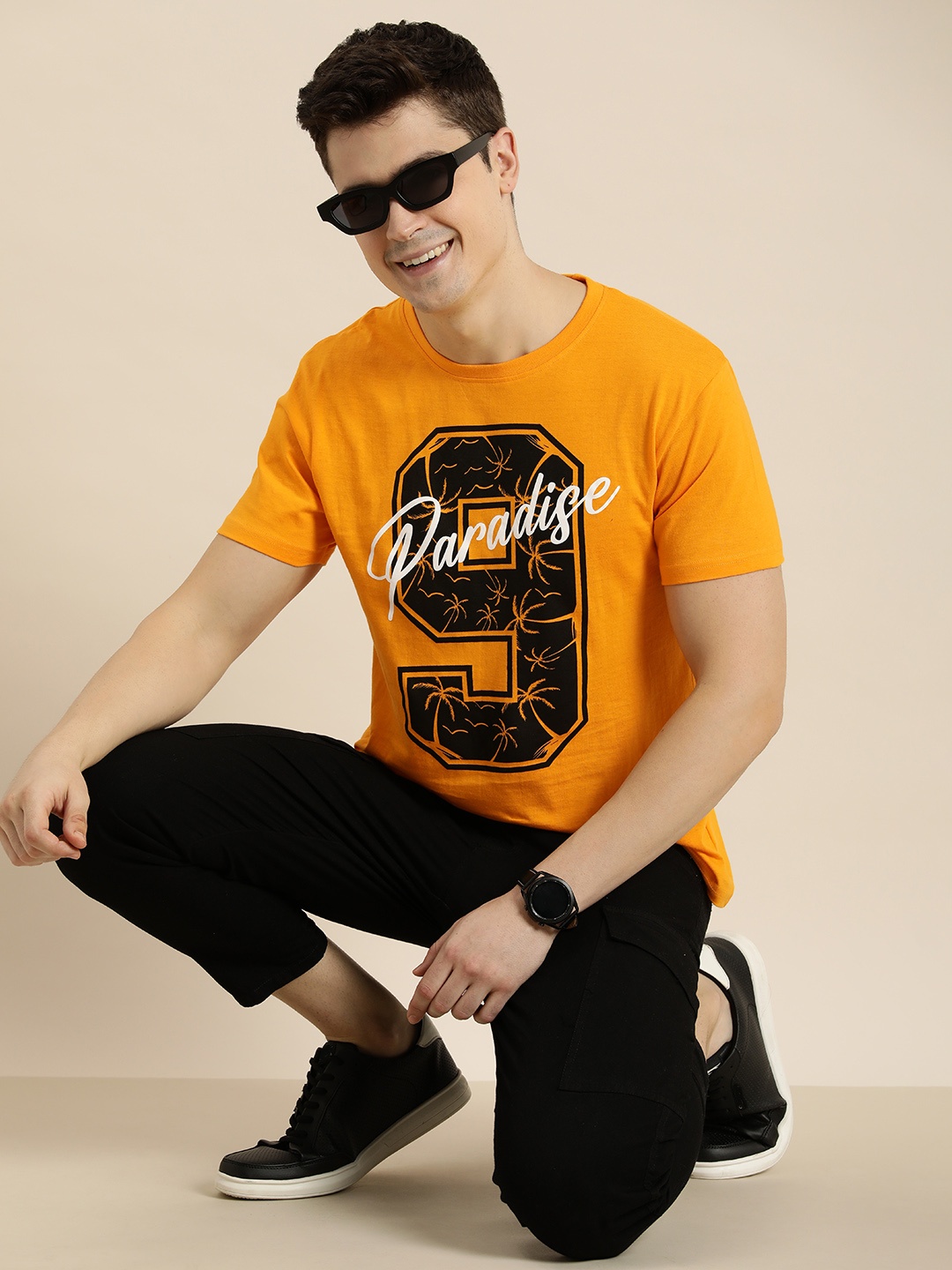 

HERE&NOW Men Varsity & Tropical Printed Pure Cotton T-shirt, Yellow