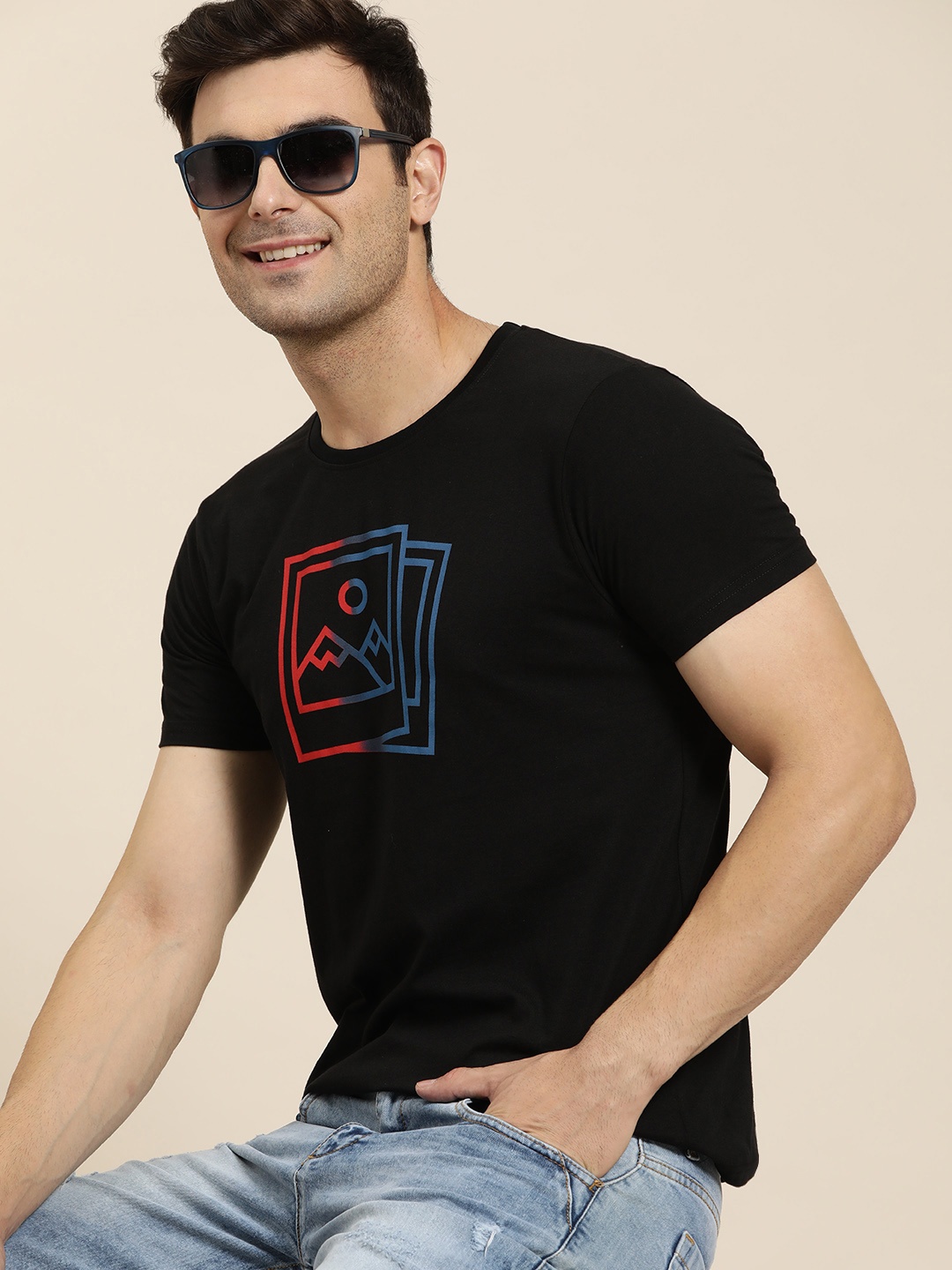 

HERE&NOW Pure Cotton Graphic Printed Casual T-shirt, Black
