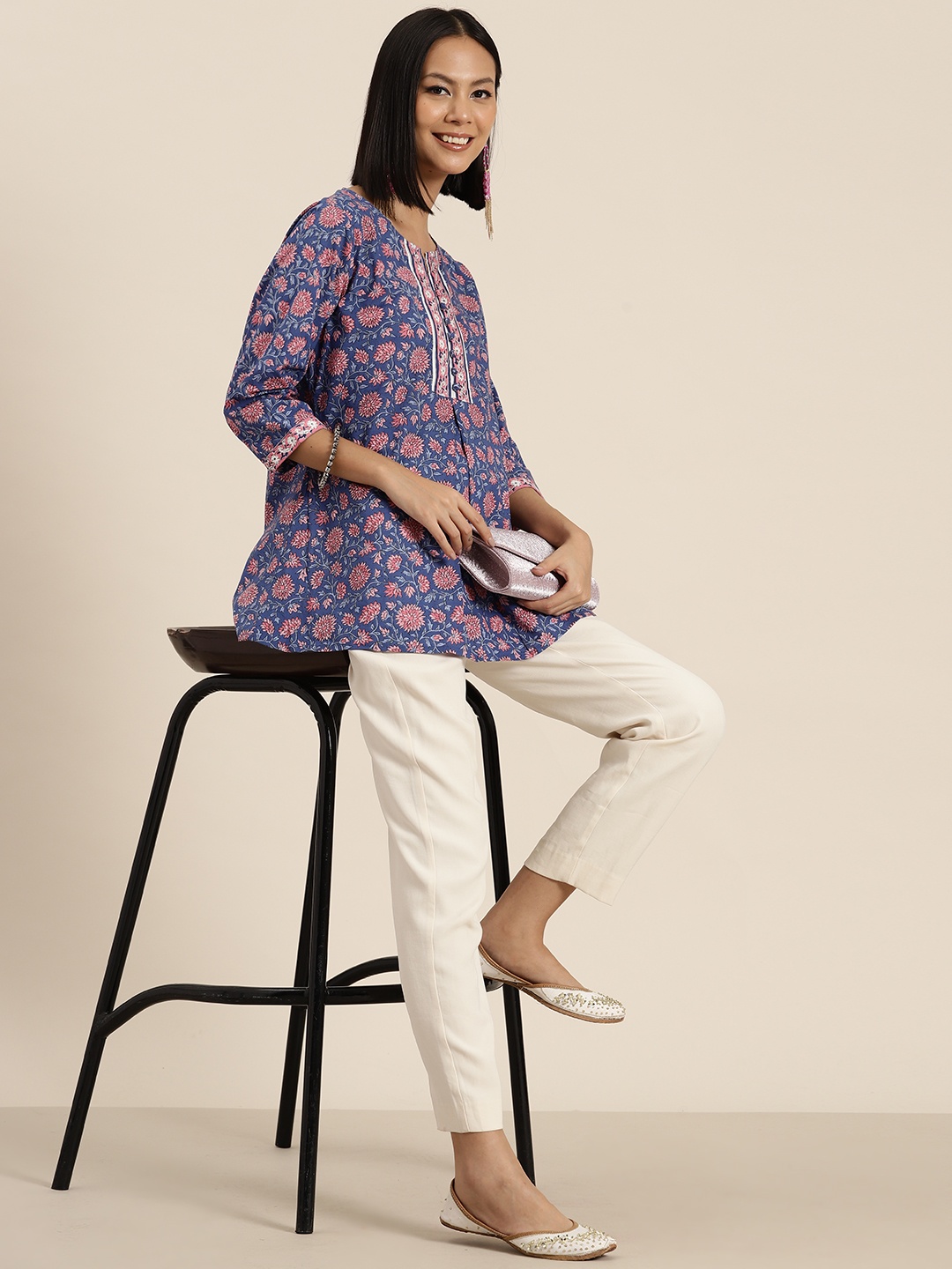 

HERE&NOW Ethnic Motifs Printed Pure Cotton Pleated Kurti, Navy blue