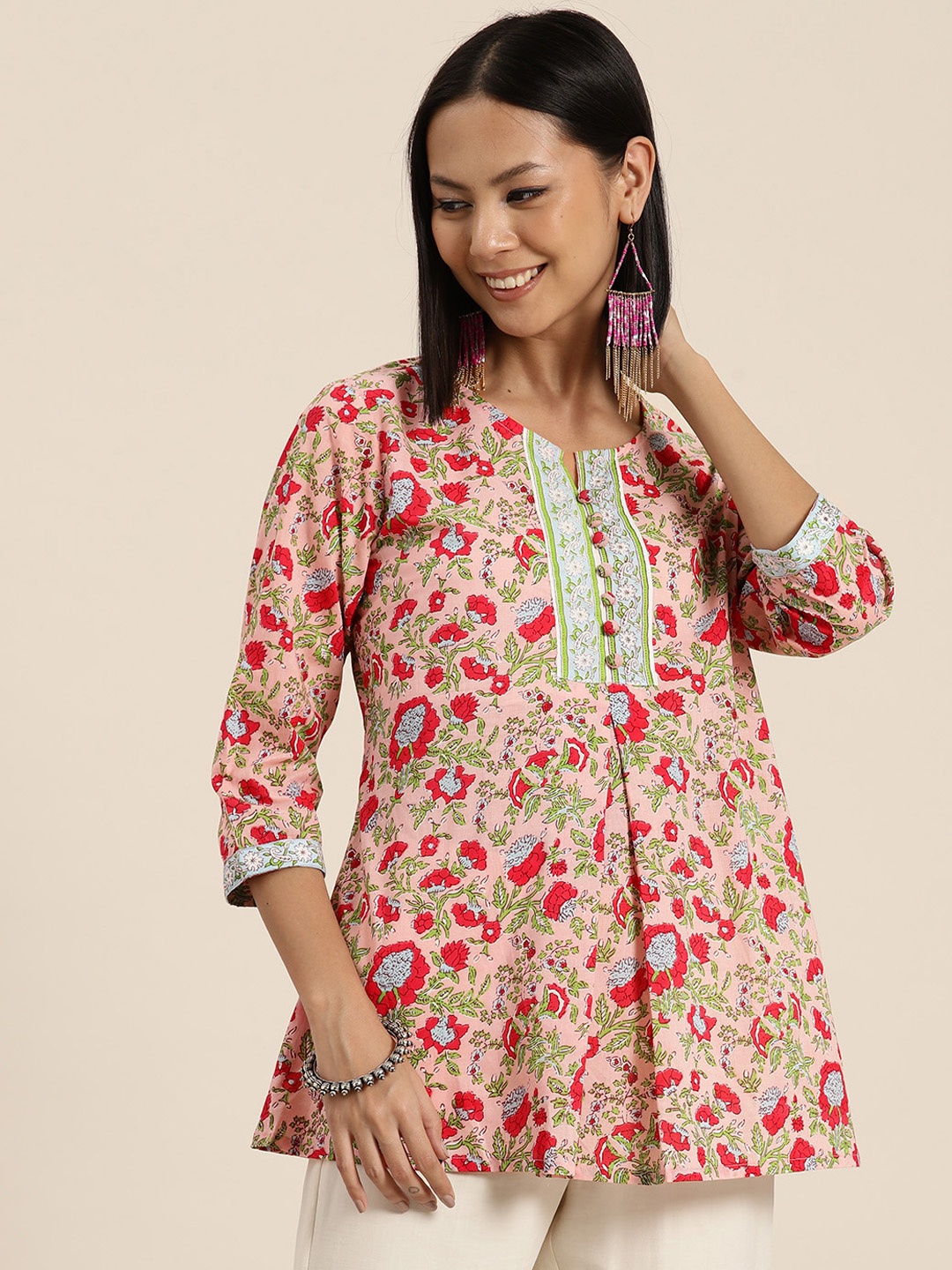 

HERE&NOW Ethnic Motifs Printed Pure Cotton Kurti, Pink