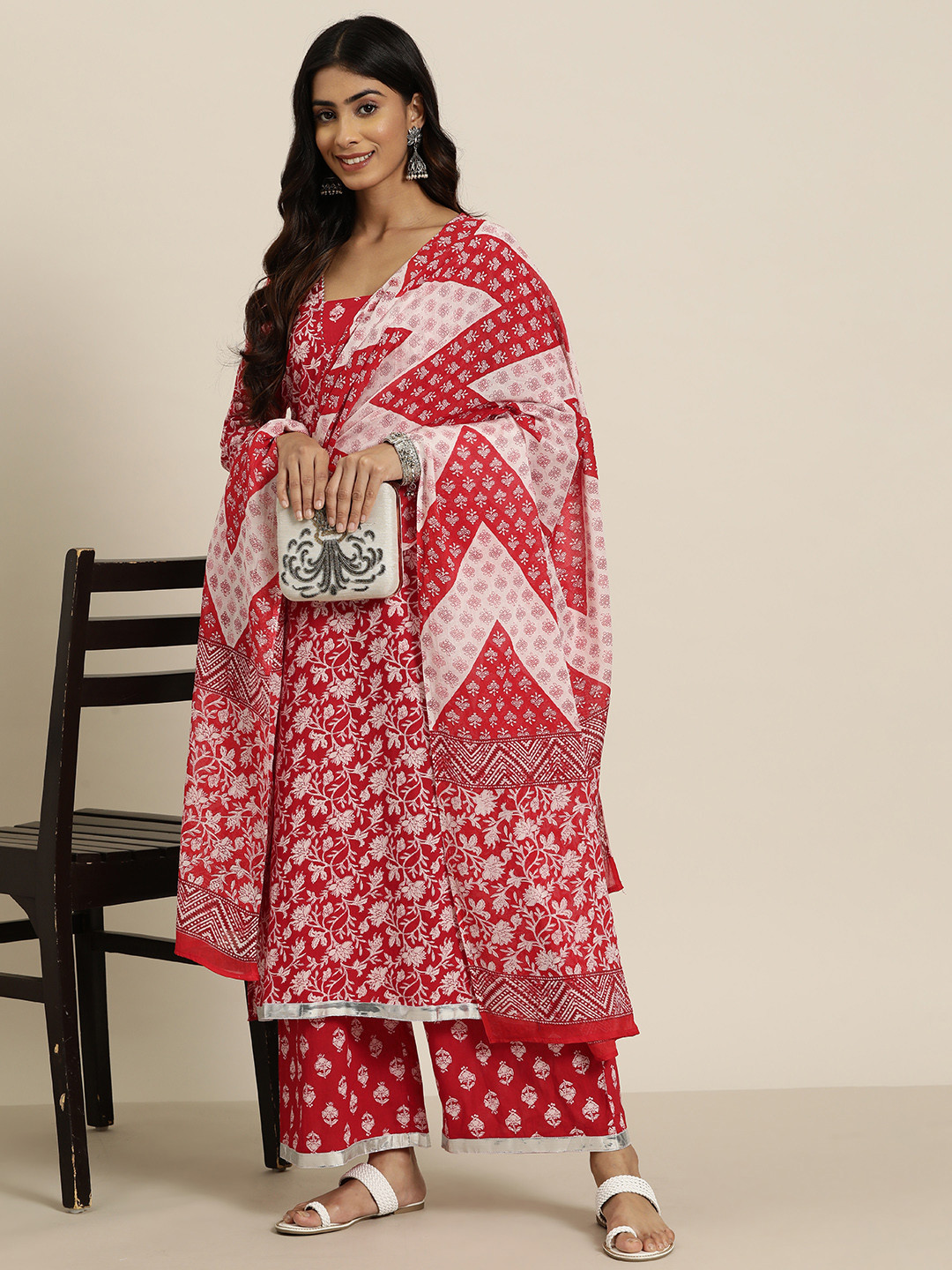 

HERE&NOW Pure Cotton Floral Printed Straight Kurta With Trousers & Dupatta, Red