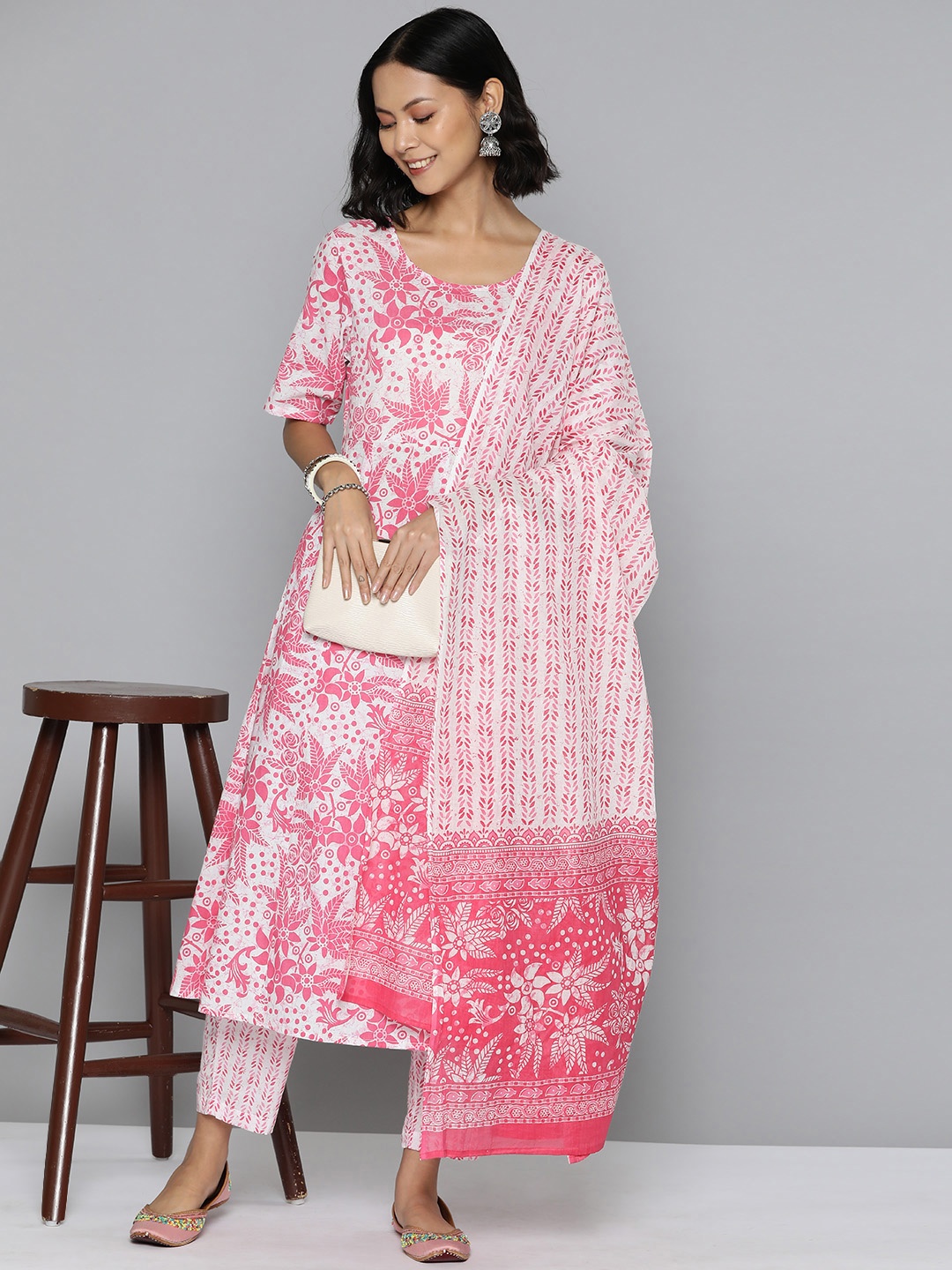 

HERE&NOW Floral Printed A-Line Pure Cotton Kurta with Trousers & Dupatta, Pink