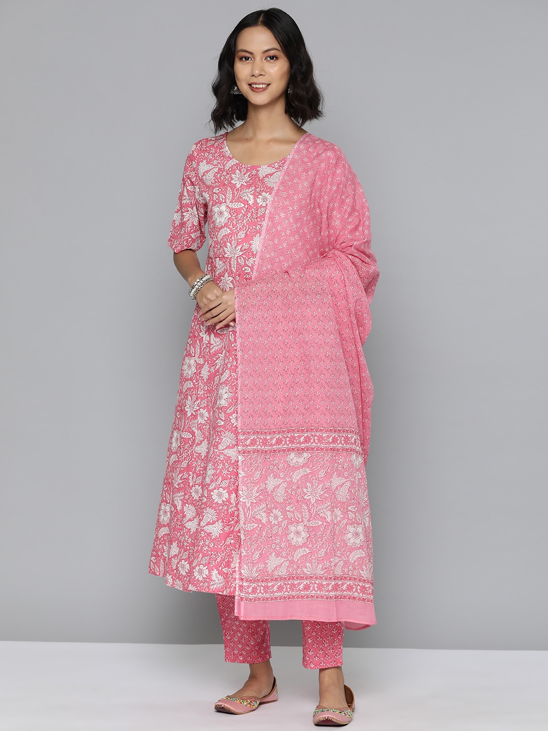 

HERE&NOW Ethnic Motifs Printed Pure Cotton Kurta with Trousers & Dupatta, Pink