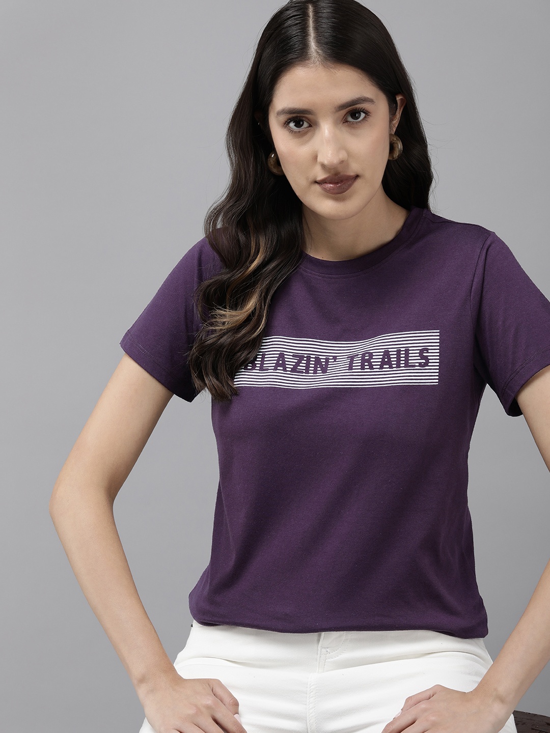 

Roadster Pure Cotton Typography Printed Casual T-shirt, Violet
