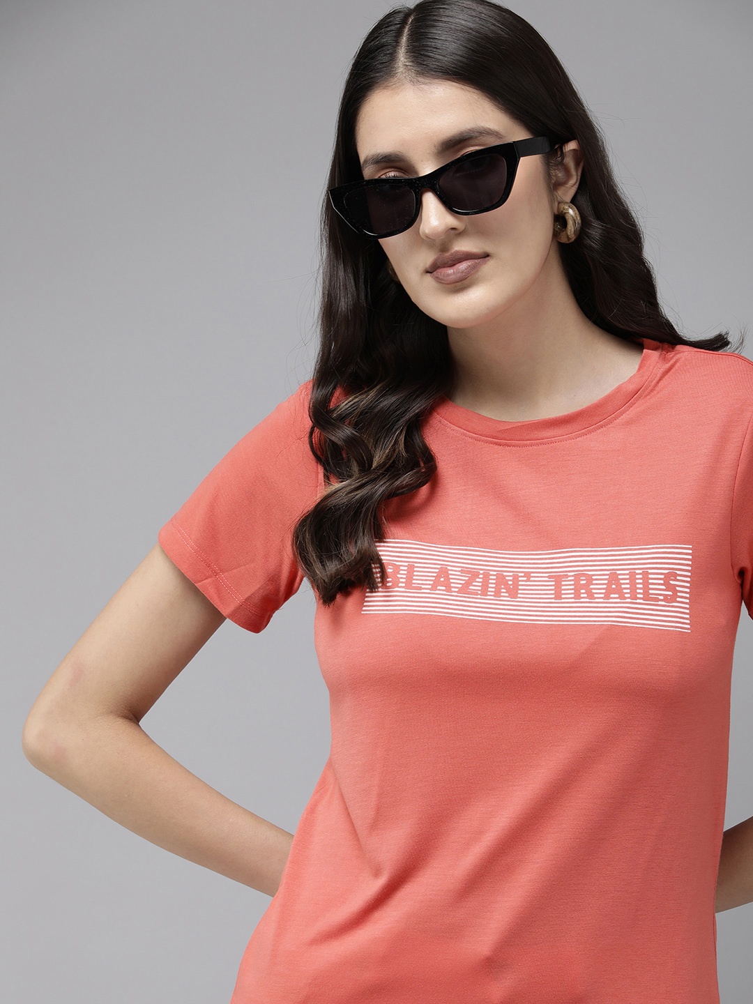 

Roadster Pure Cotton Typography Printed Casual T-shirt, Peach