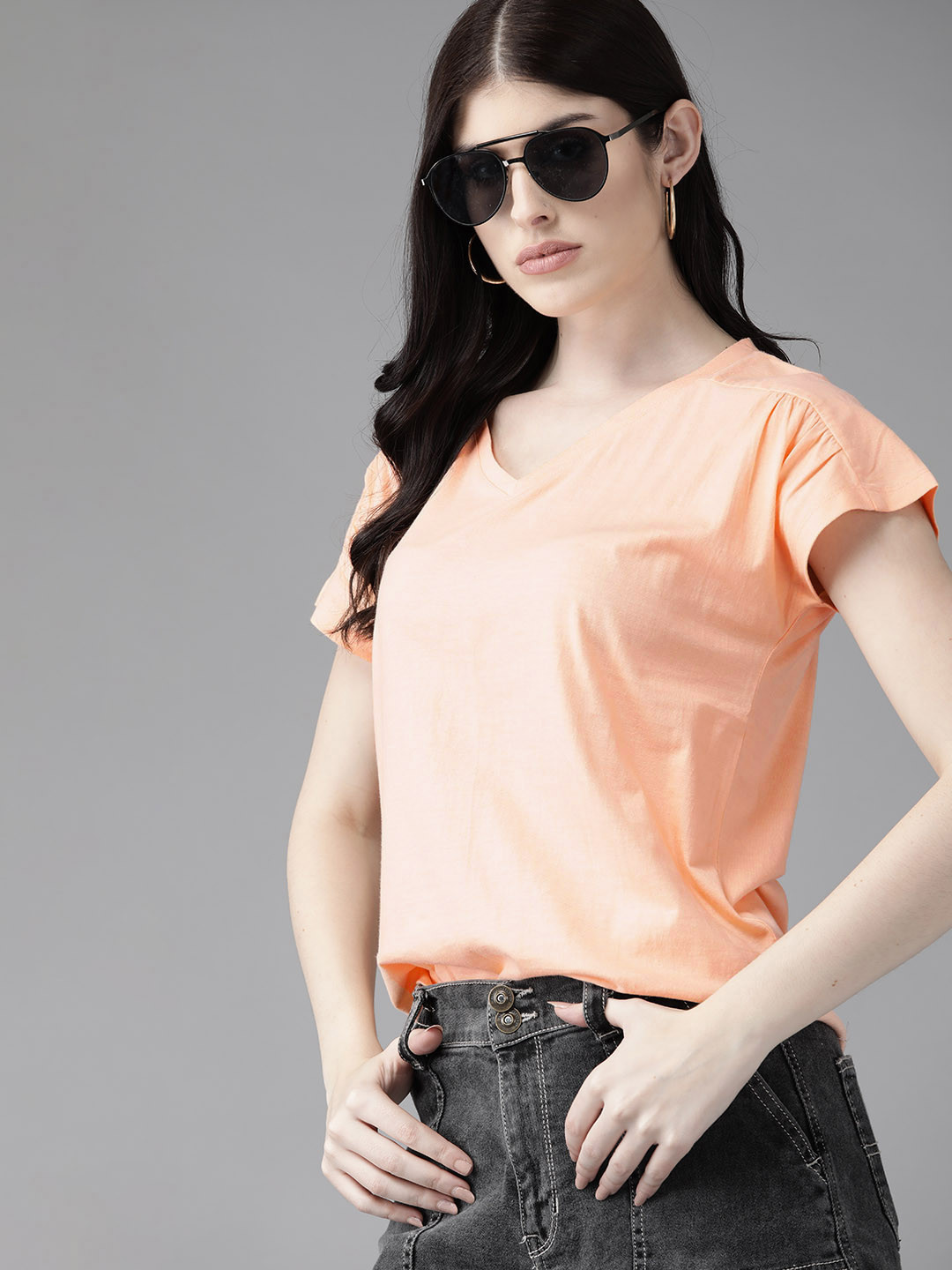 

The Roadster Lifestyle Co. Women V-Neck Extended Sleeves Pure Cotton T-shirt, Peach