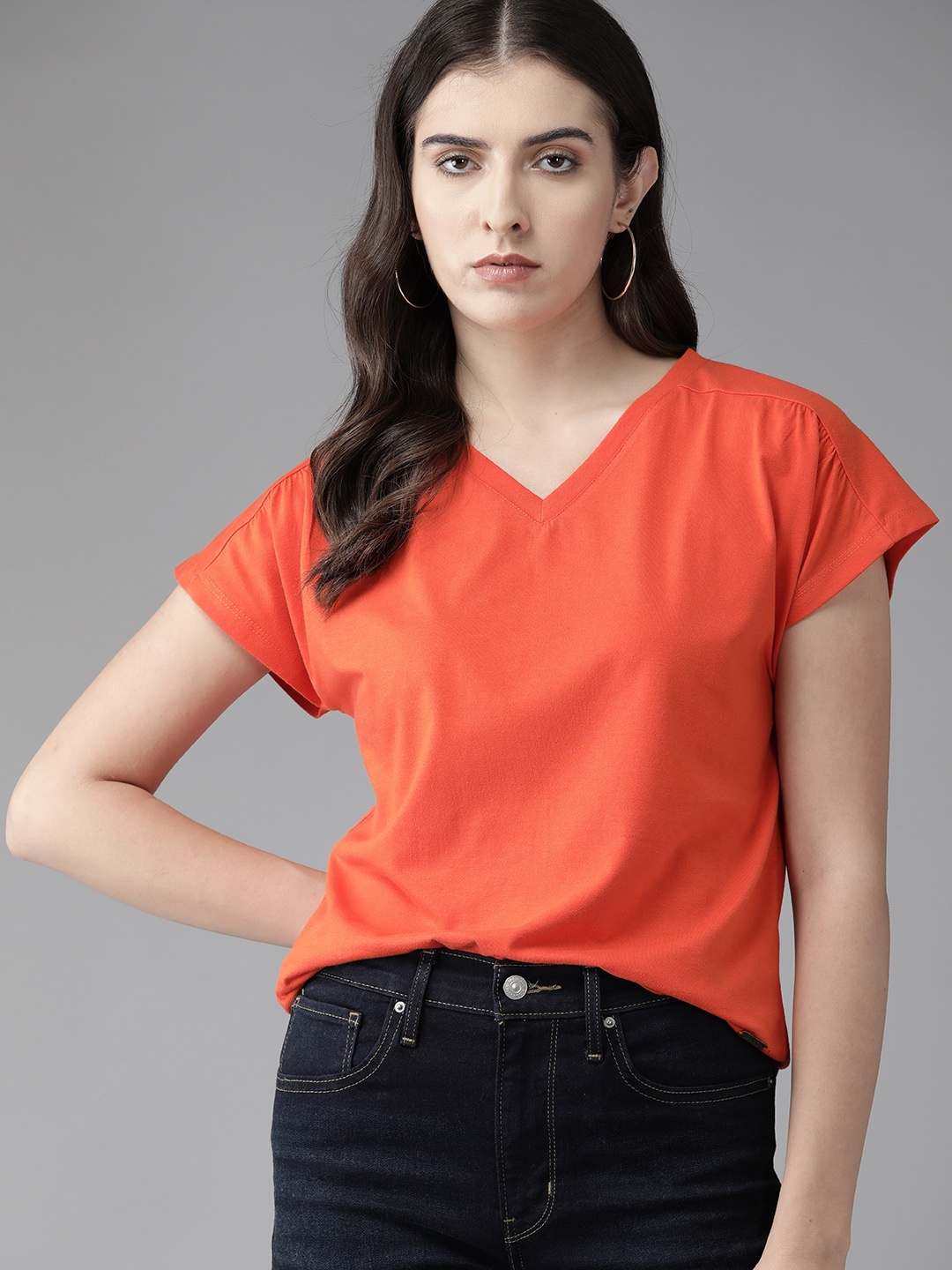 

The Roadster Lifestyle Co. Women V-Neck Extended Sleeves Pure Cotton T-shirt, Orange