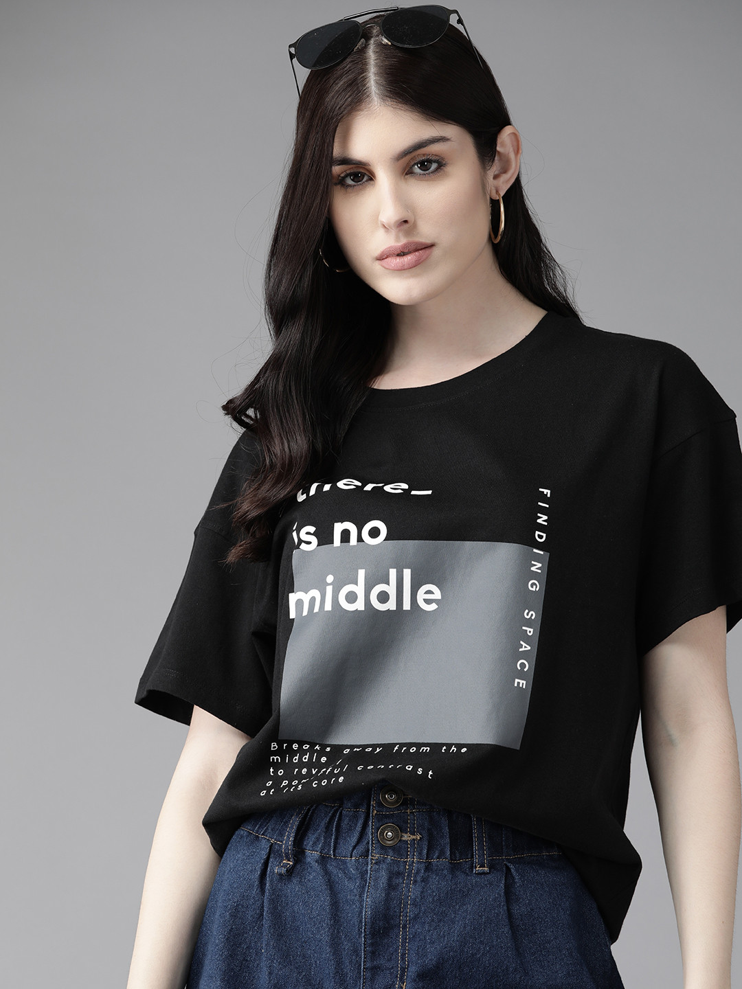 

The Roadster Lifestyle Co. Typography Printed Drop-Shoulder Sleeves Pure Cotton T-shirt, Black
