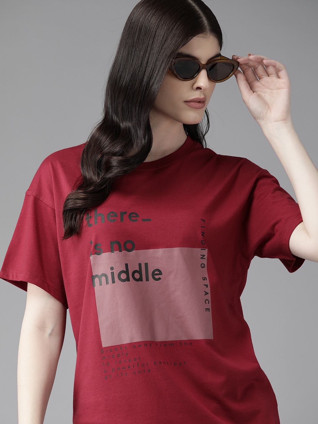 

The Roadster Lifestyle Co. Typography Printed Drop-Shoulder Sleeves Pure Cotton T-shirt, Maroon