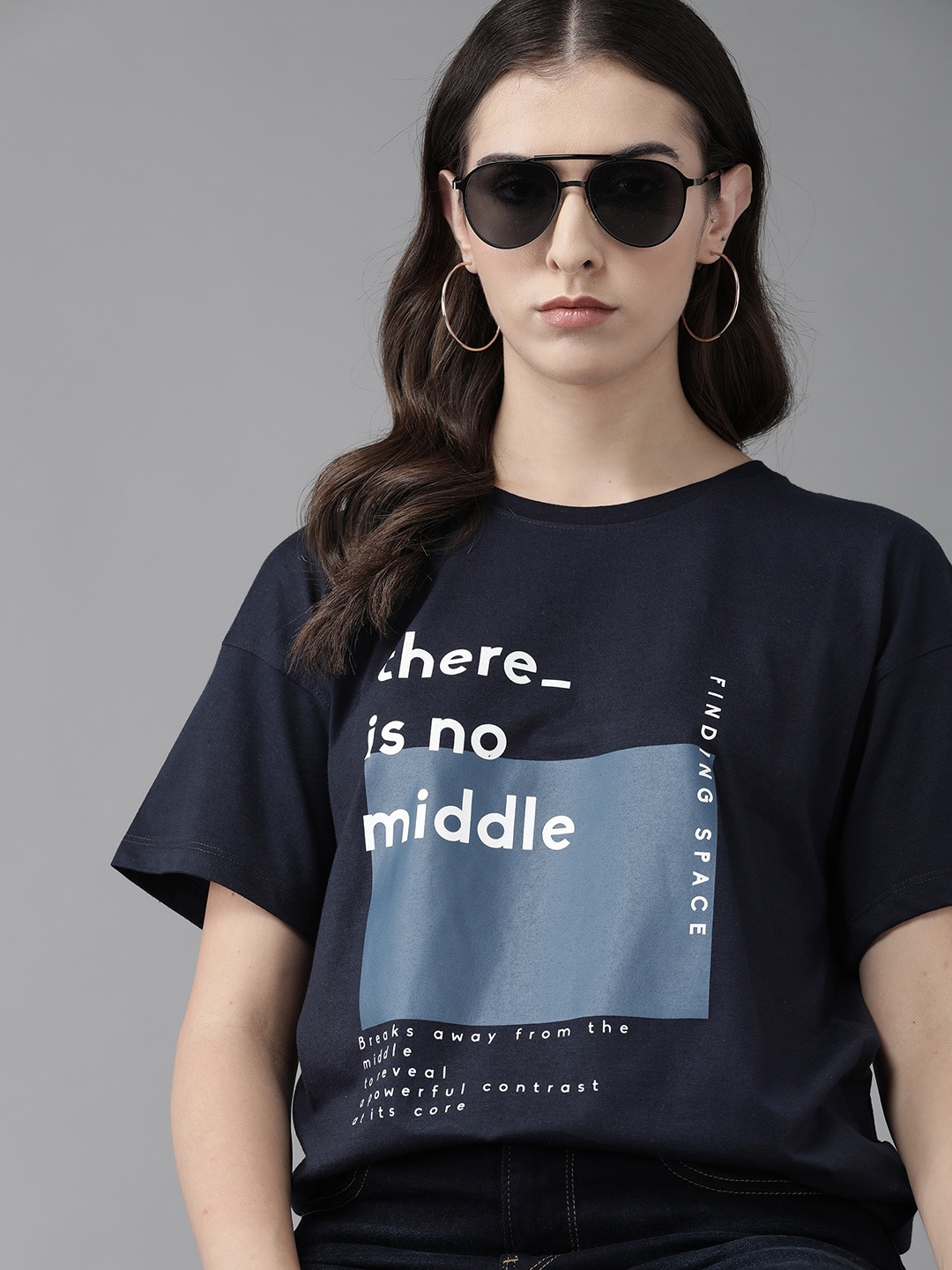 

The Roadster Lifestyle Co. Typography Printed Drop-Shoulder Sleeves Pure Cotton T-shirt, Navy blue