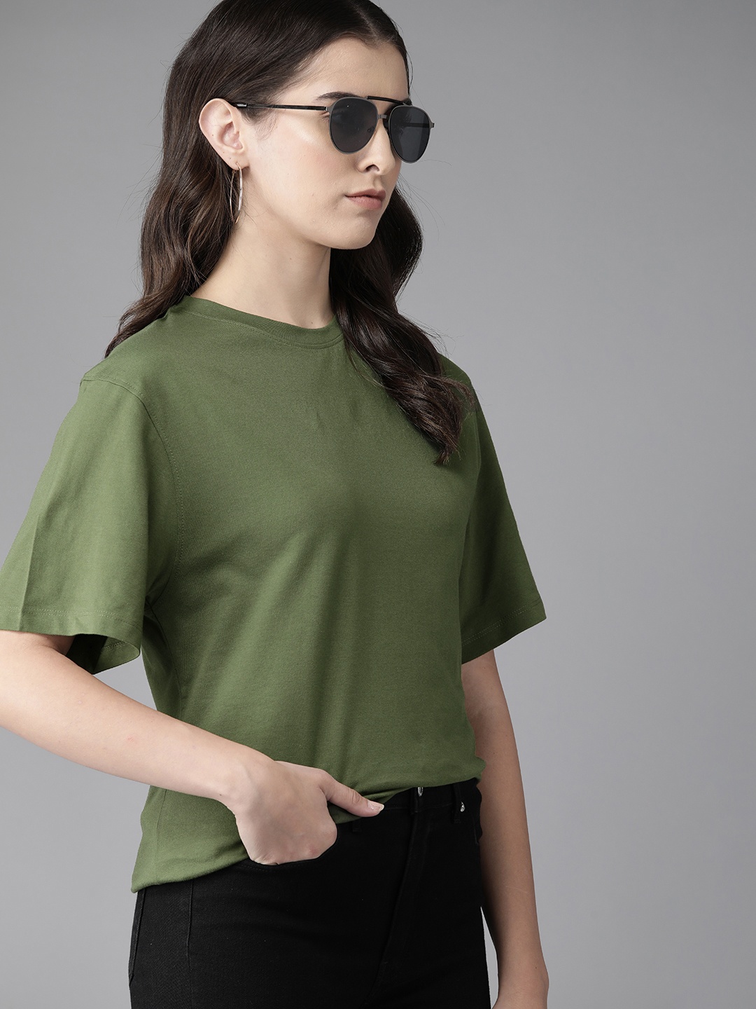 

The Roadster Lifestyle Co. Women Boxy Fit Drop-Shoulder Sleeves Pure Cotton T-shirt, Olive