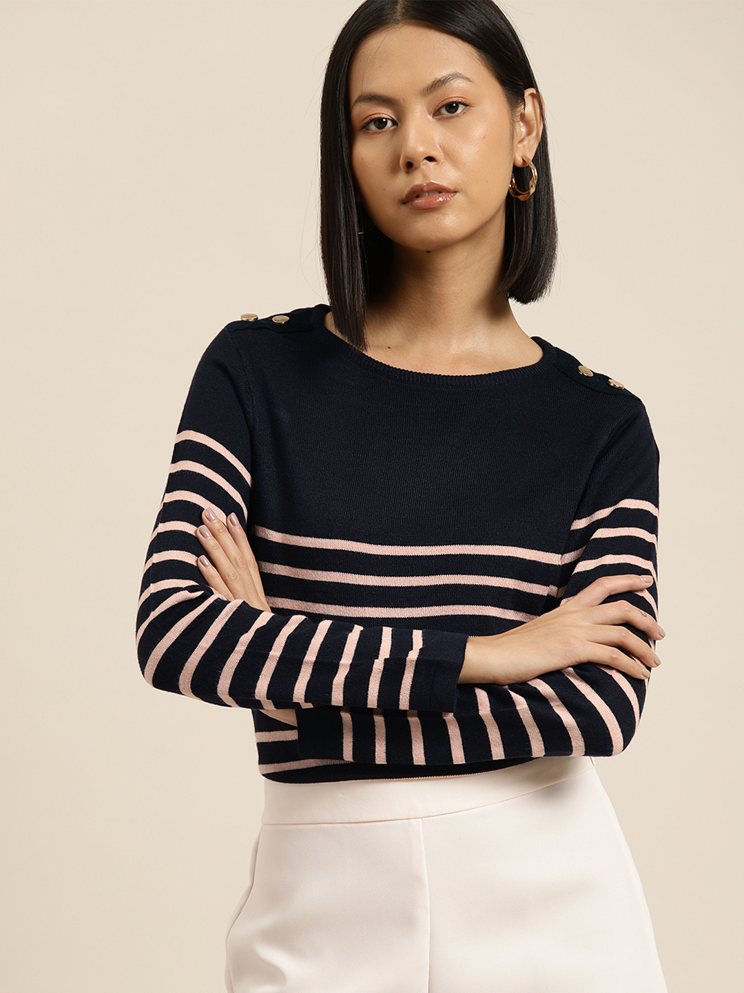 

her by invictus Striped Acrylic Winter Top, Navy blue