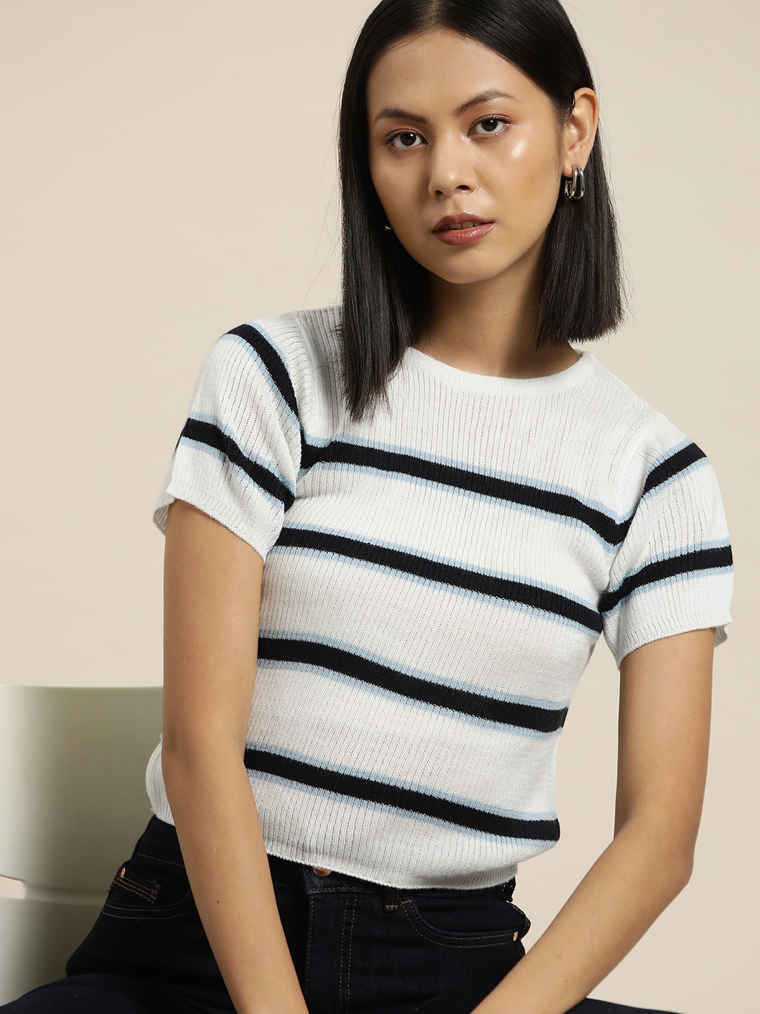 

her by invictus Pure Acrylic Knitted Striped Top, White