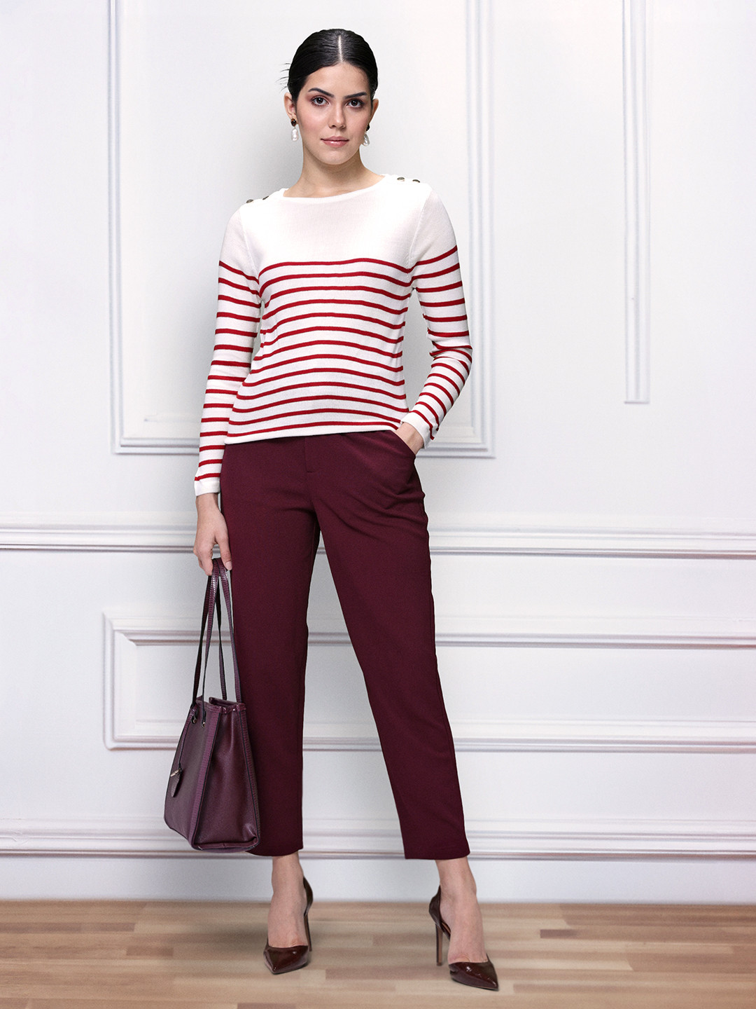 

her by invictus Round Neck Horizontal Striped Pullover Sweater, White