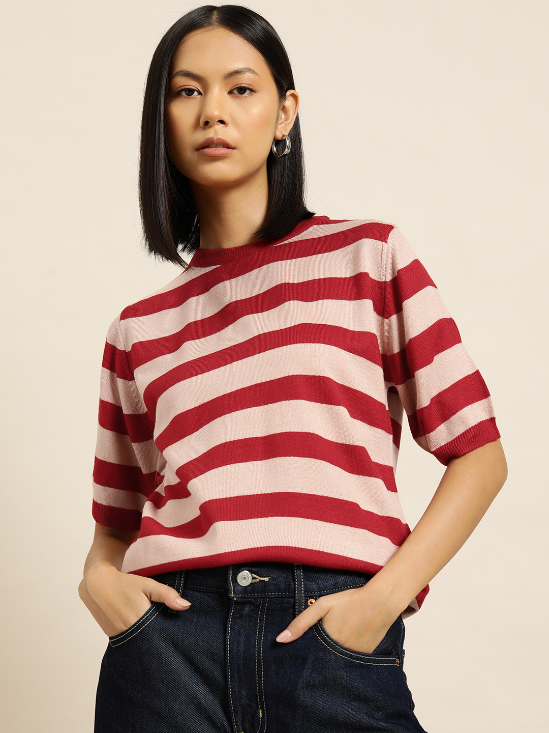 

her by invictus Striped Acrylic Knitted Top, Red