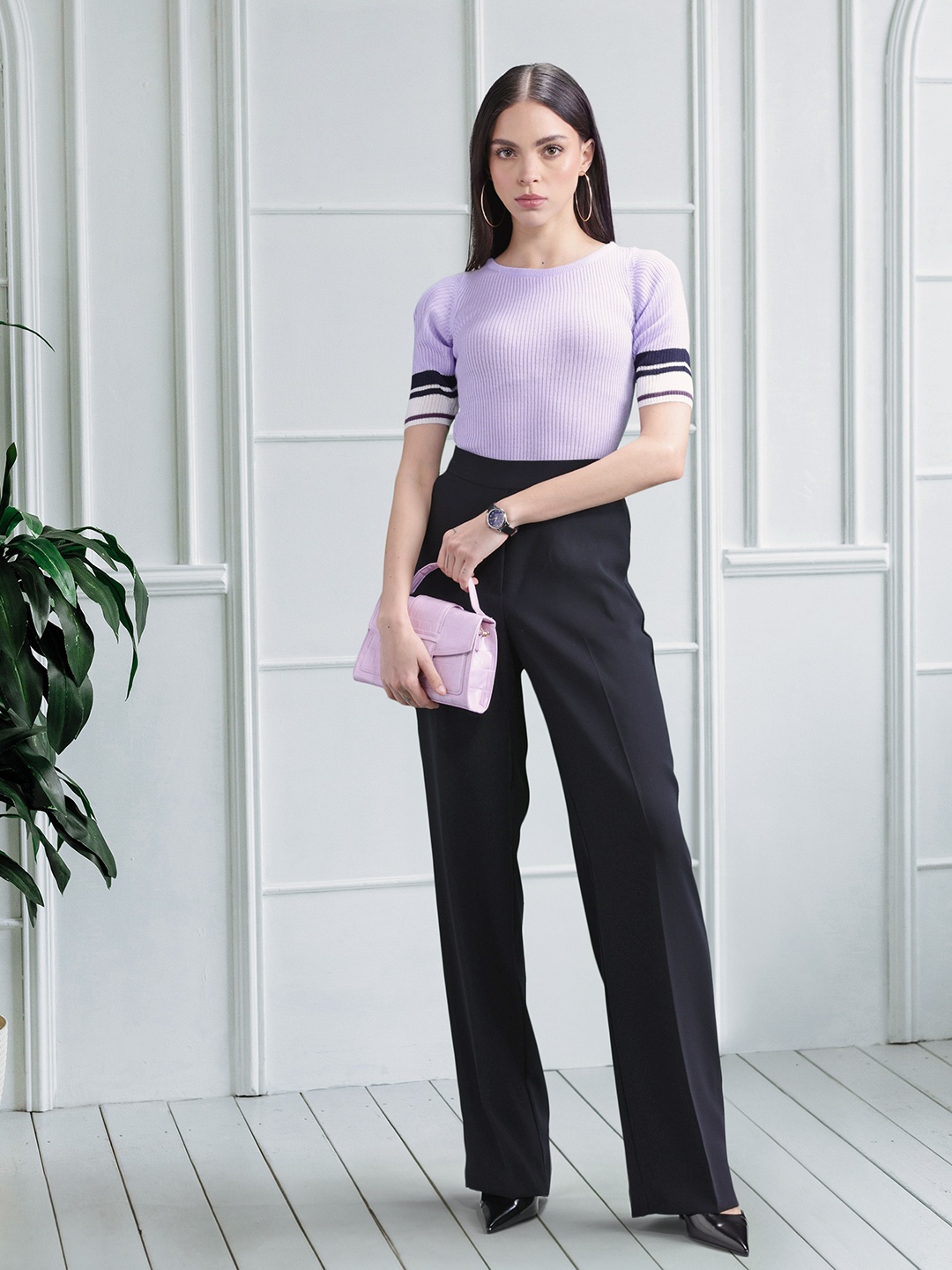 

her by invictus Pure Acrylic Knitted Striped Detail Top, Lavender