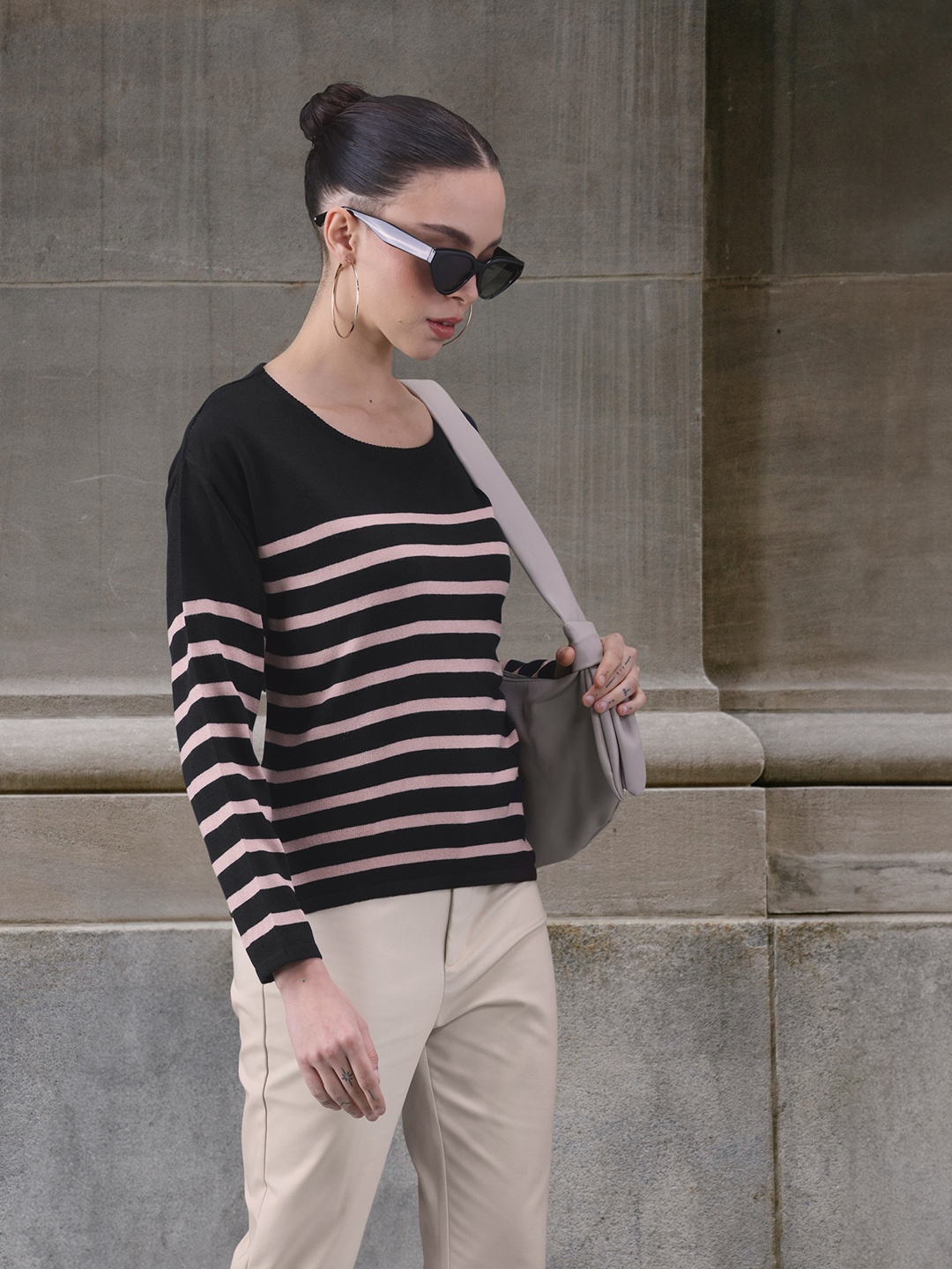 

her by invictus Navy Blue & Peach-Coloured Striped Top
