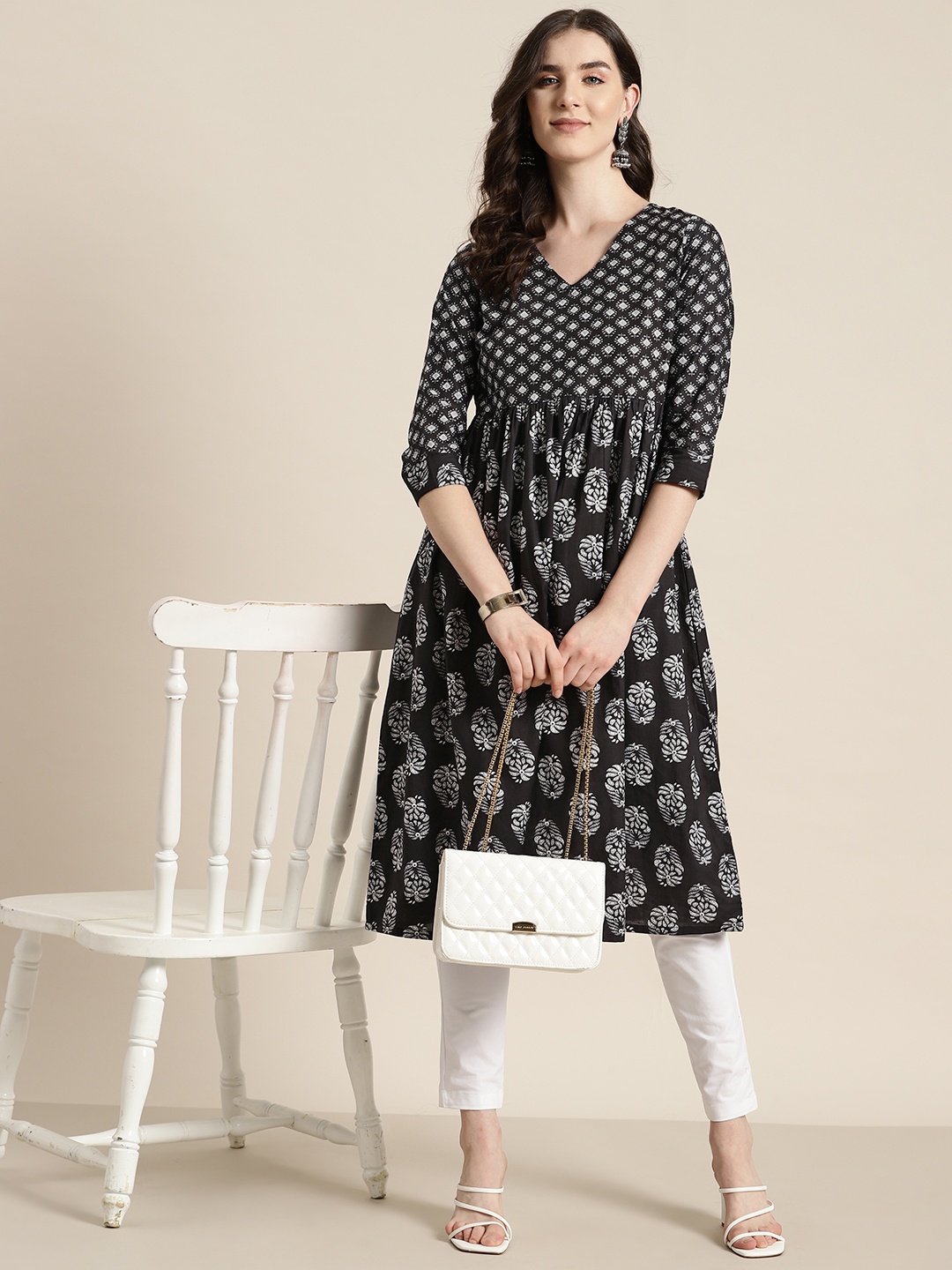 

HERE&NOW Ethnic Motifs Printed Cotton A-Line Kurta, Black