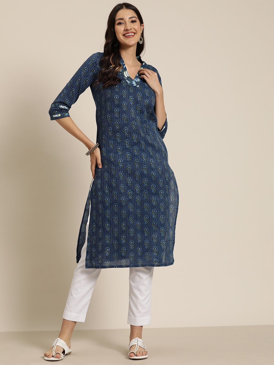 

HERE&NOW Floral Print Straight Kurta, Navy blue