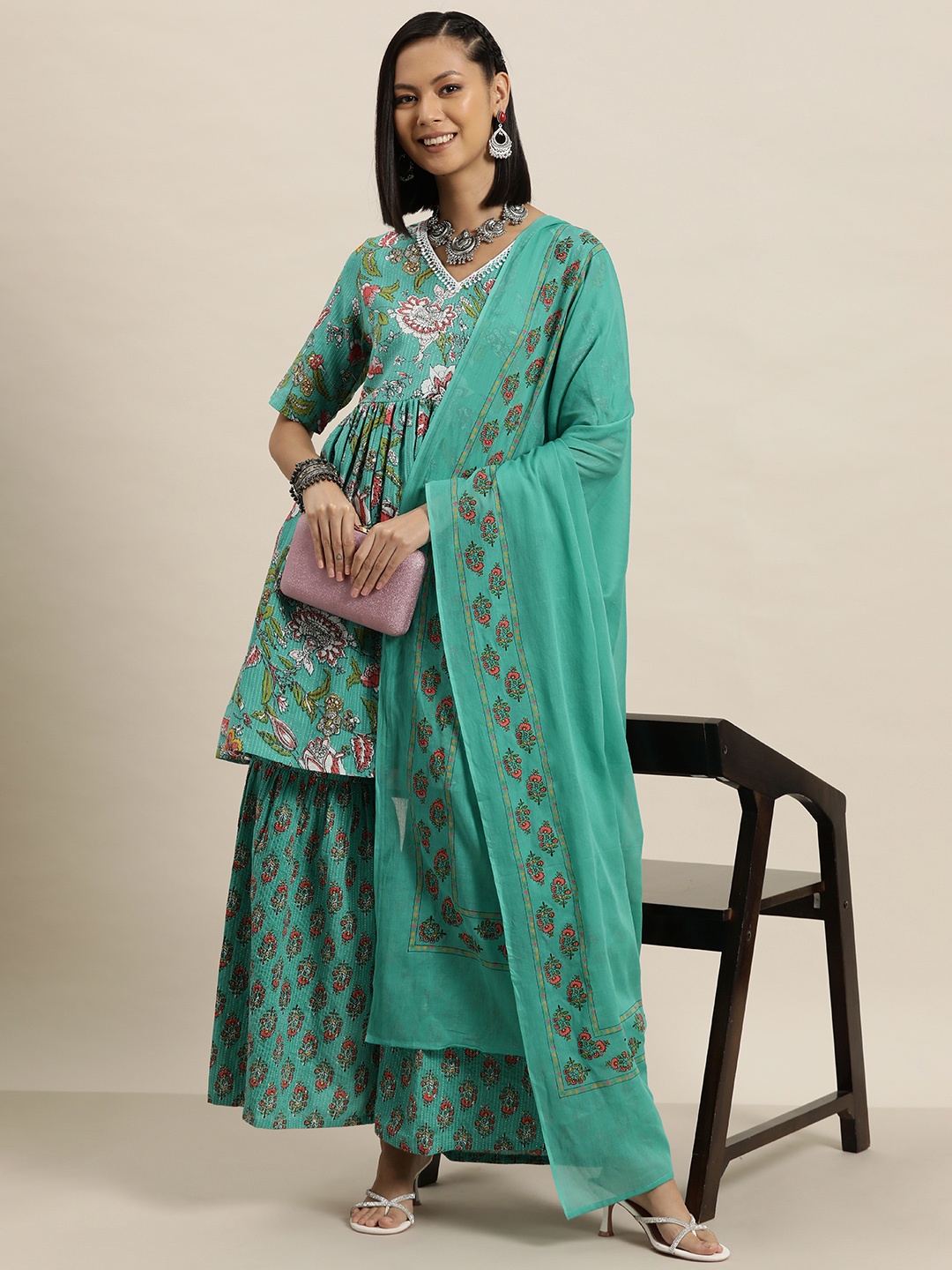 

HERE&NOW Pure Cotton Floral Printed Regular Kurta With Sharara & Dupatta, Green