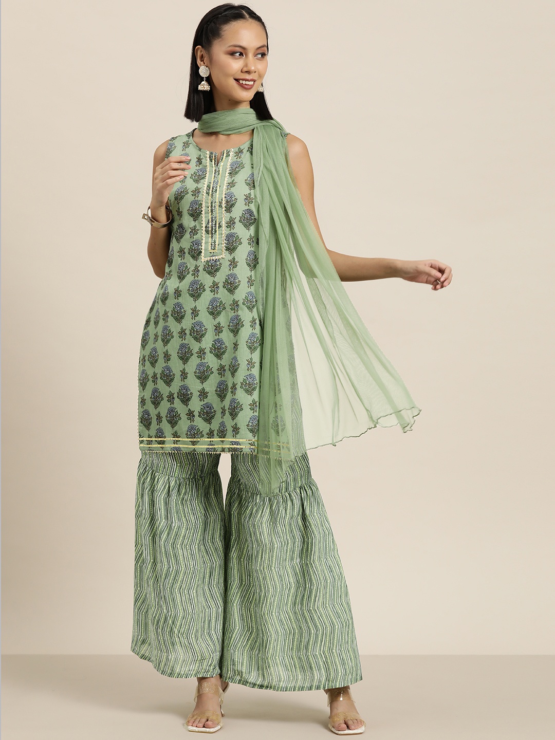

HERE&NOW Pure Cotton Printed Sleeveless Kurta with Sharara & Dupatta, Green