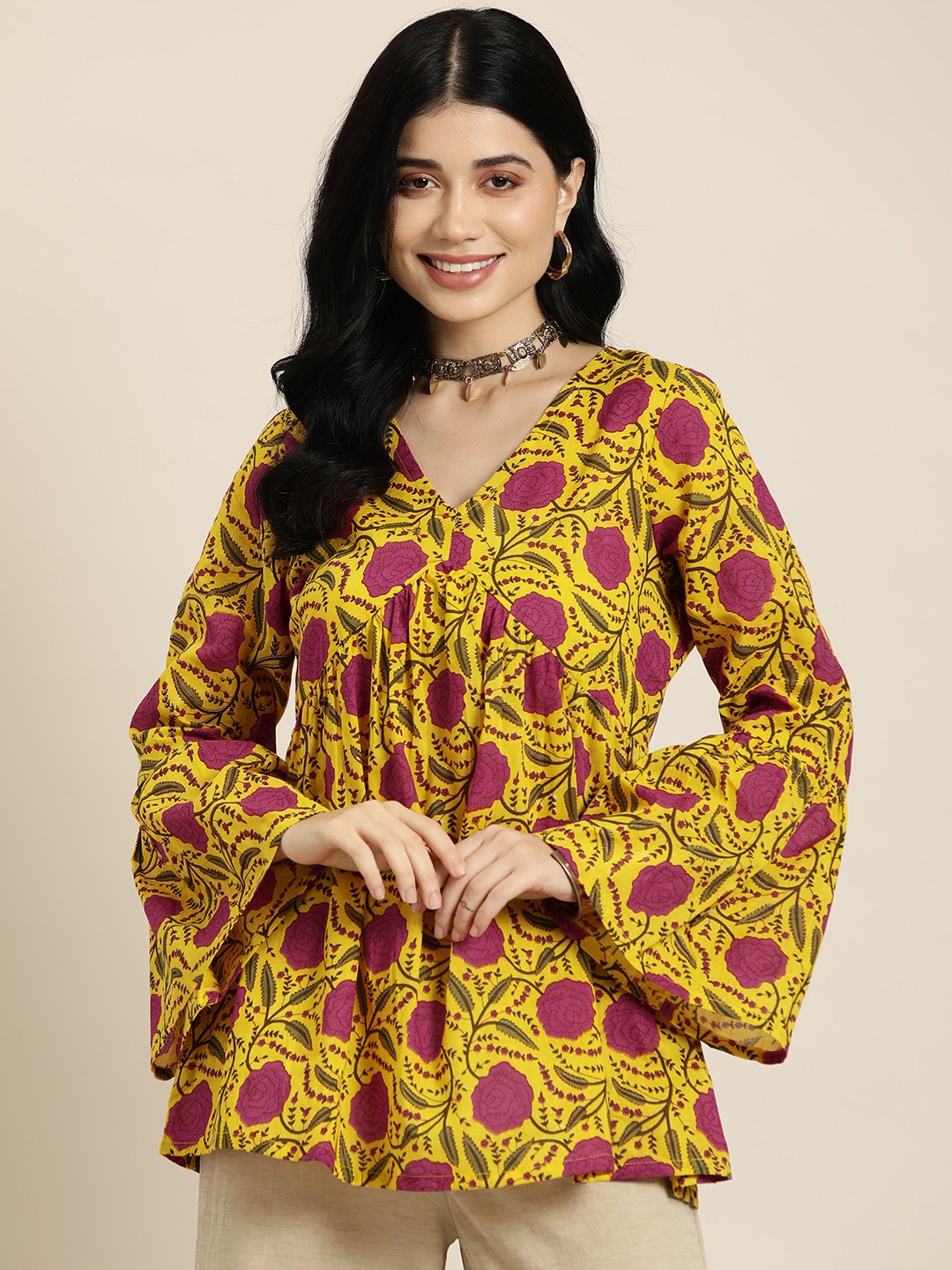 

HERE&NOW Floral Printed Pure Cotton Kurti, Yellow