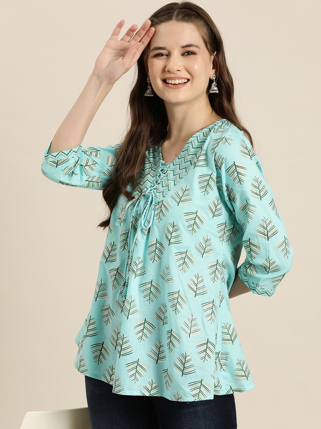 

HERE&NOW Floral Printed Lace-Up Detail Pure Cotton Kurti, Blue