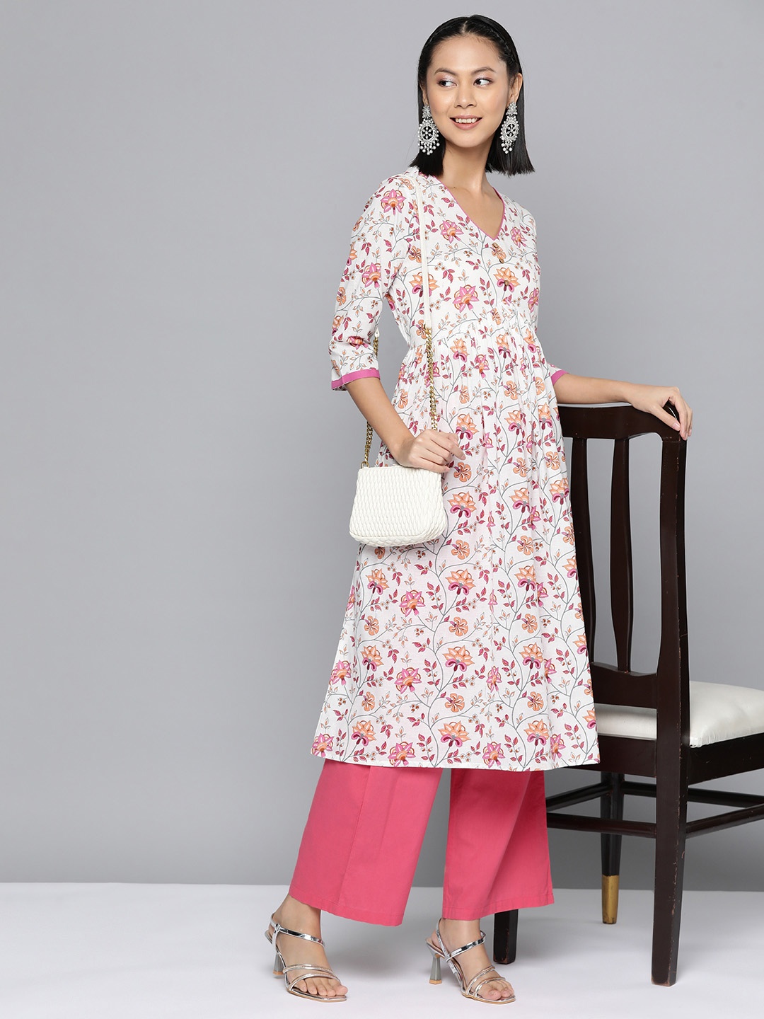 

HERE&NOW Floral Printed Pure Cotton A-Line Pleated Kurta, Pink