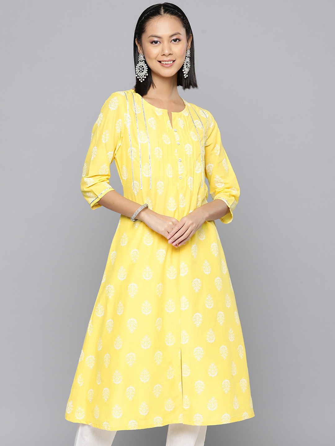 

HERE&NOW Ethnic Motifs Printed A-Line Kurta, Yellow