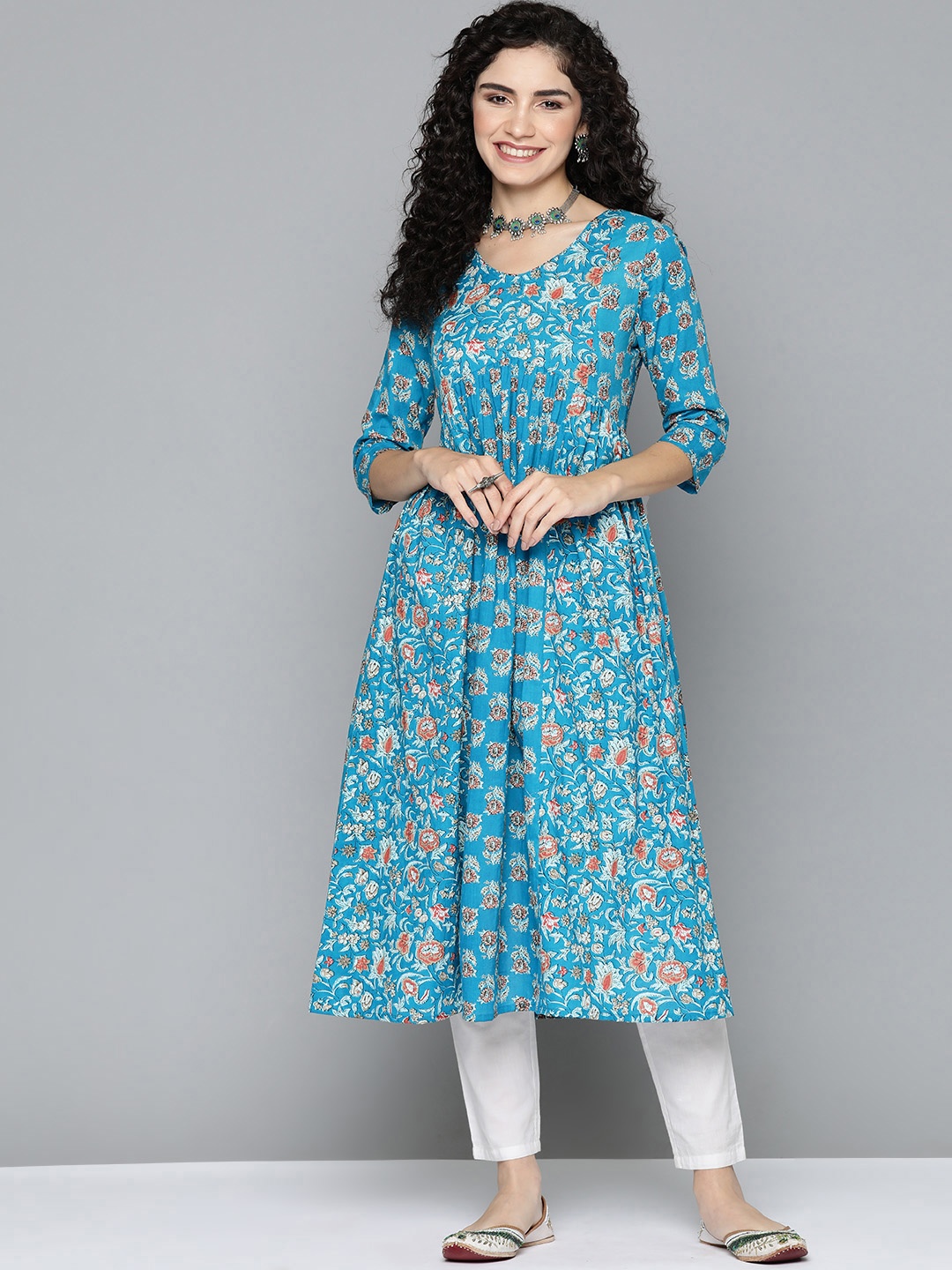 

HERE&NOW Floral Printed Pure Cotton Empire Kurta, Turquoise blue