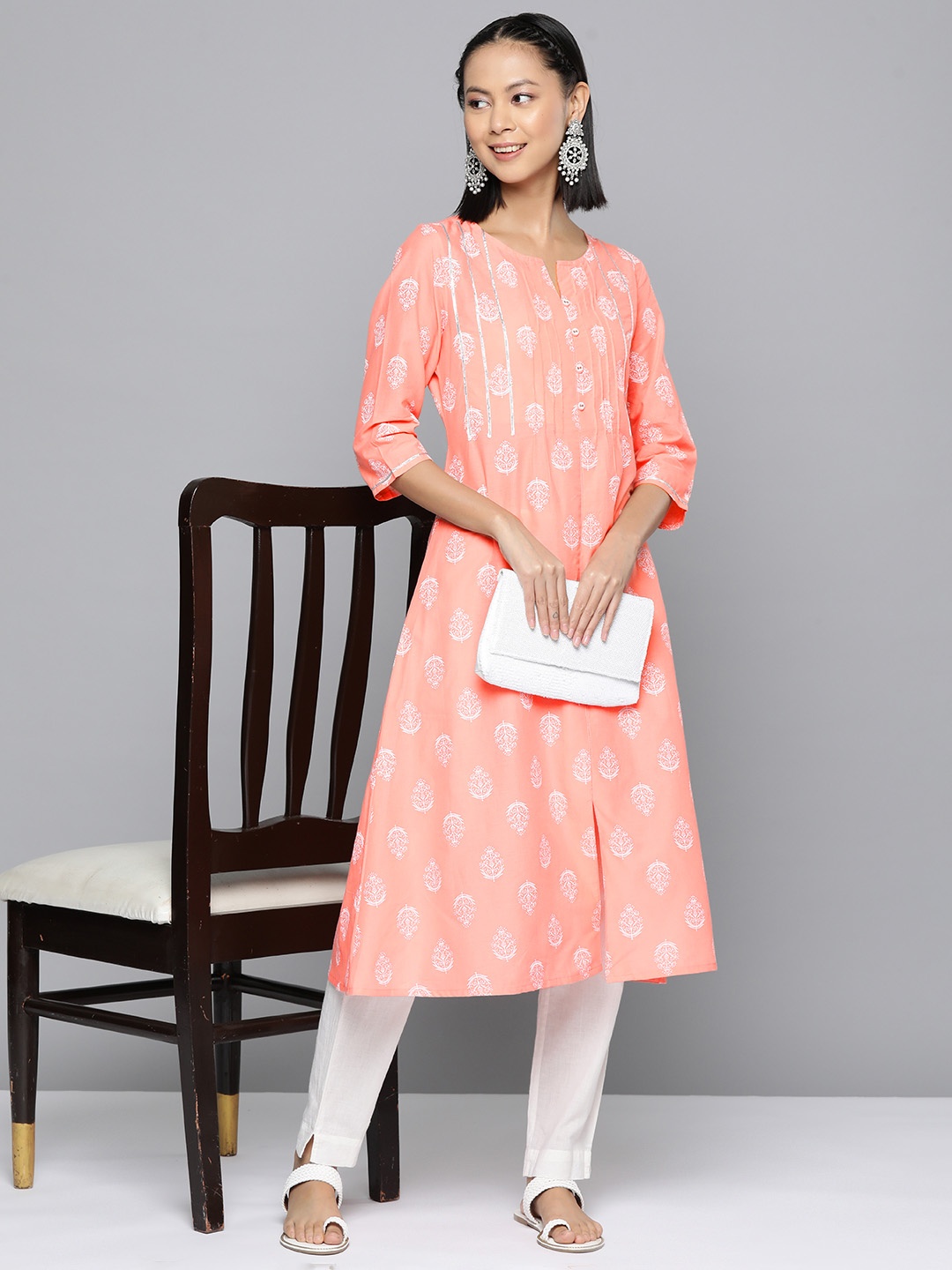 

HERE&NOW Ethnic Motifs Printed A-Line Kurta, Peach