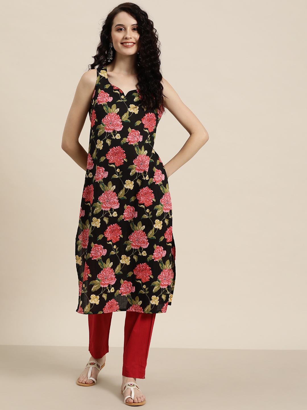 

HERE&NOW Pure Cotton Floral Print Straight Kurta, Black